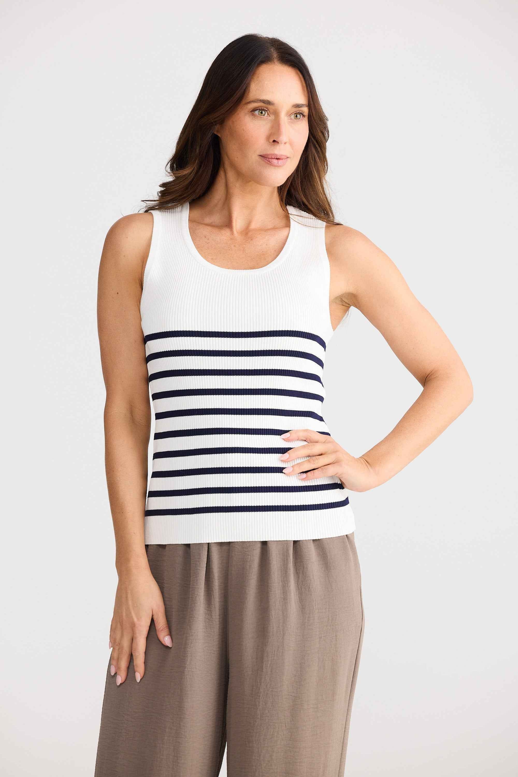 Amba Tank - White W Navy Stripe