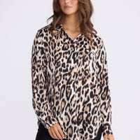 Model wearing Astrid Shirt - Savannah Print, alternate studio view on white background
