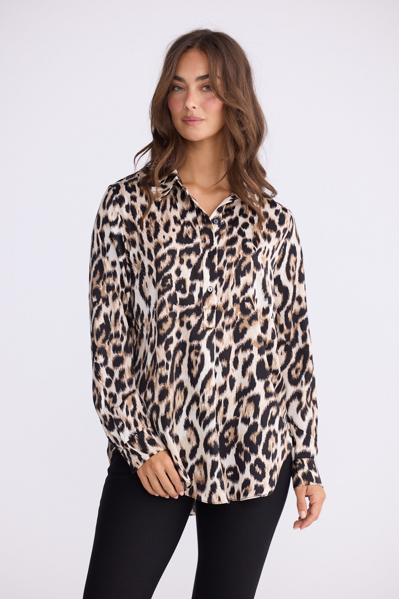 Model wearing Astrid Shirt - Savannah Print, alternate studio view on white background