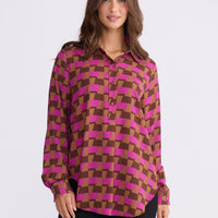 Model wearing Astrid Shirt - Geo Prism, alternate studio view on white background