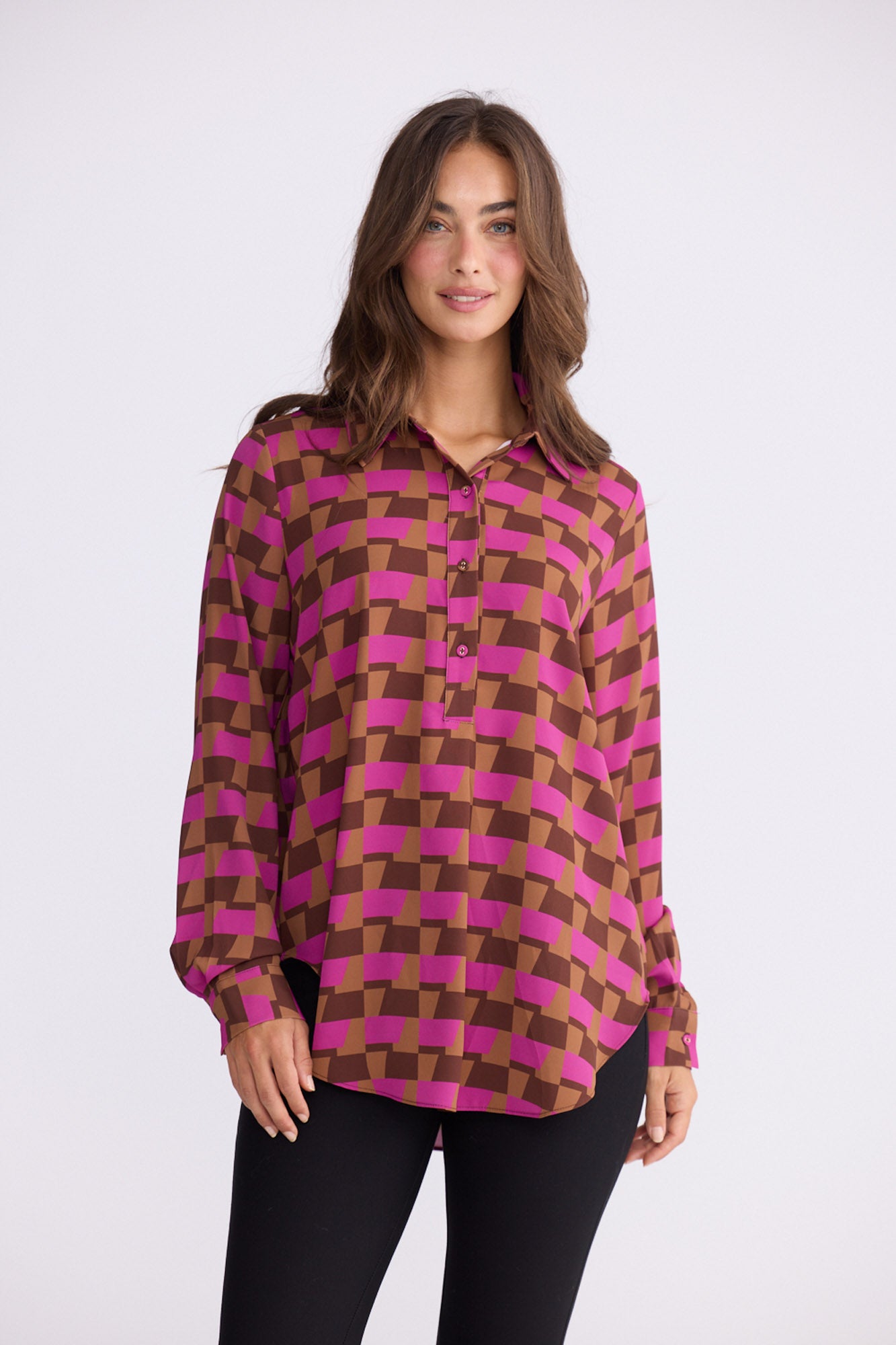 Model wearing Astrid Shirt - Geo Prism, alternate studio view on white background