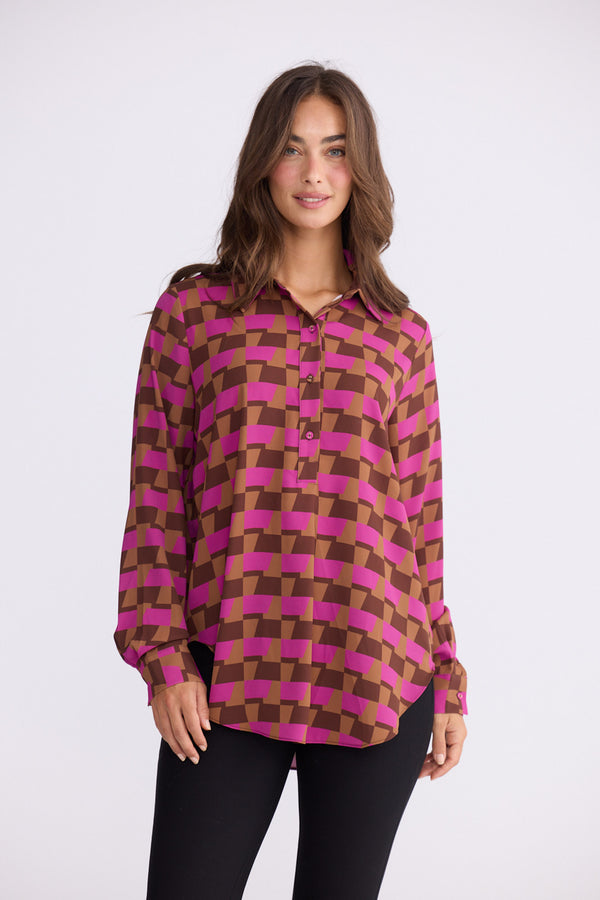 Model wearing Astrid Shirt - Geo Prism, alternate studio view on white background
