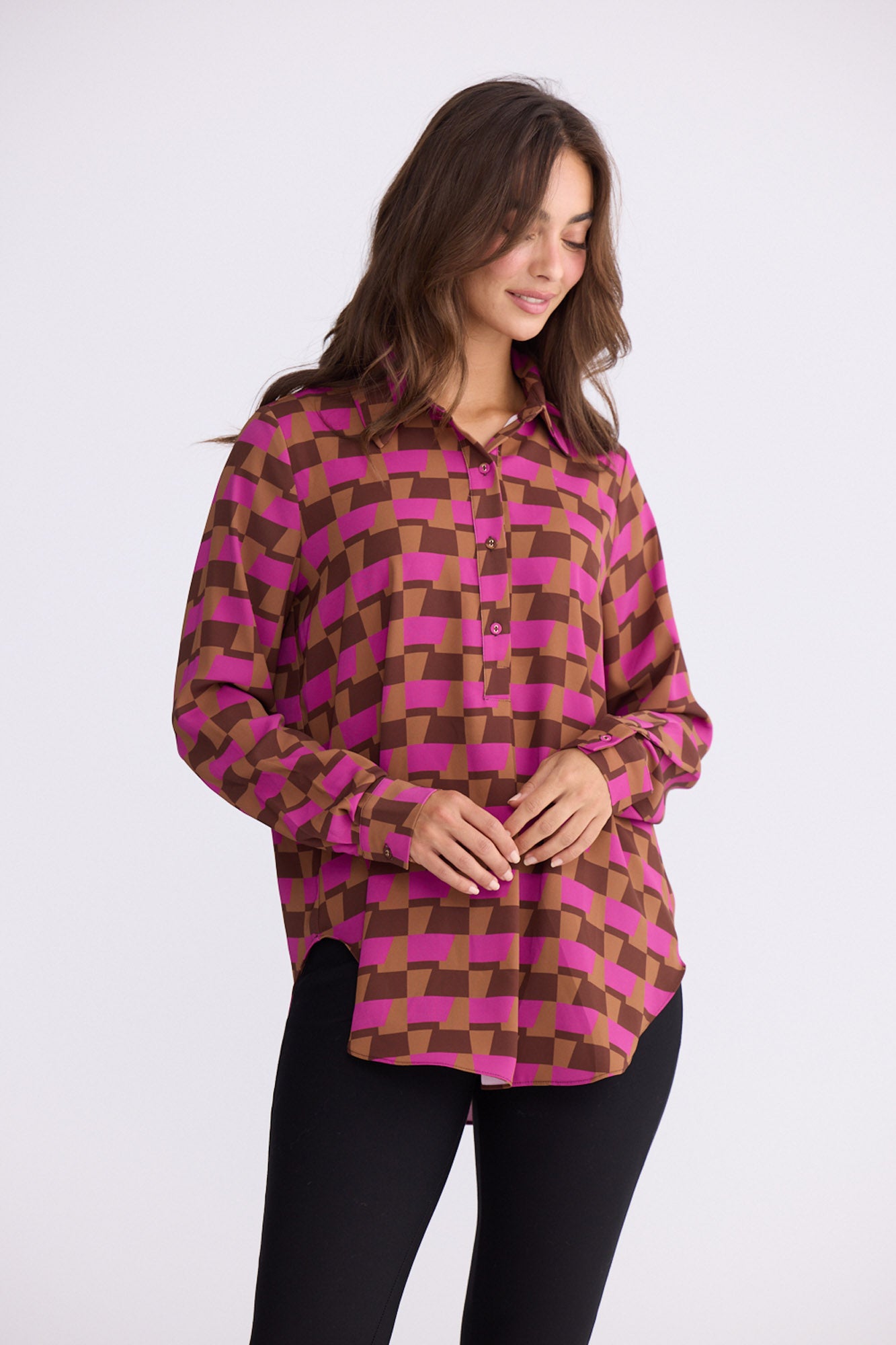 Model wearing Astrid Shirt - Geo Prism, alternate studio view on white background
