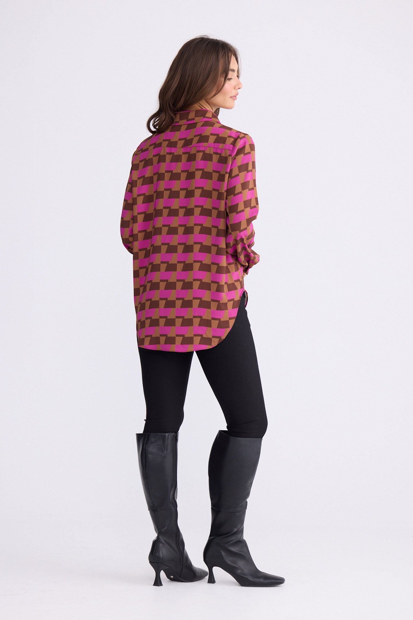 Model wearing Astrid Shirt - Geo Prism, alternate studio view on white background