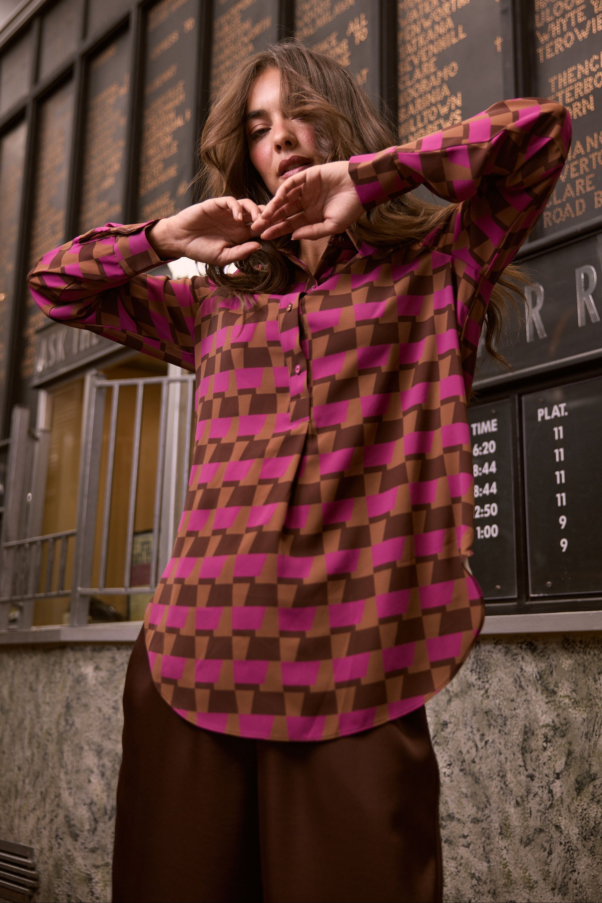 Model wearing Astrid Shirt - Geo Prism, campaign view on white background