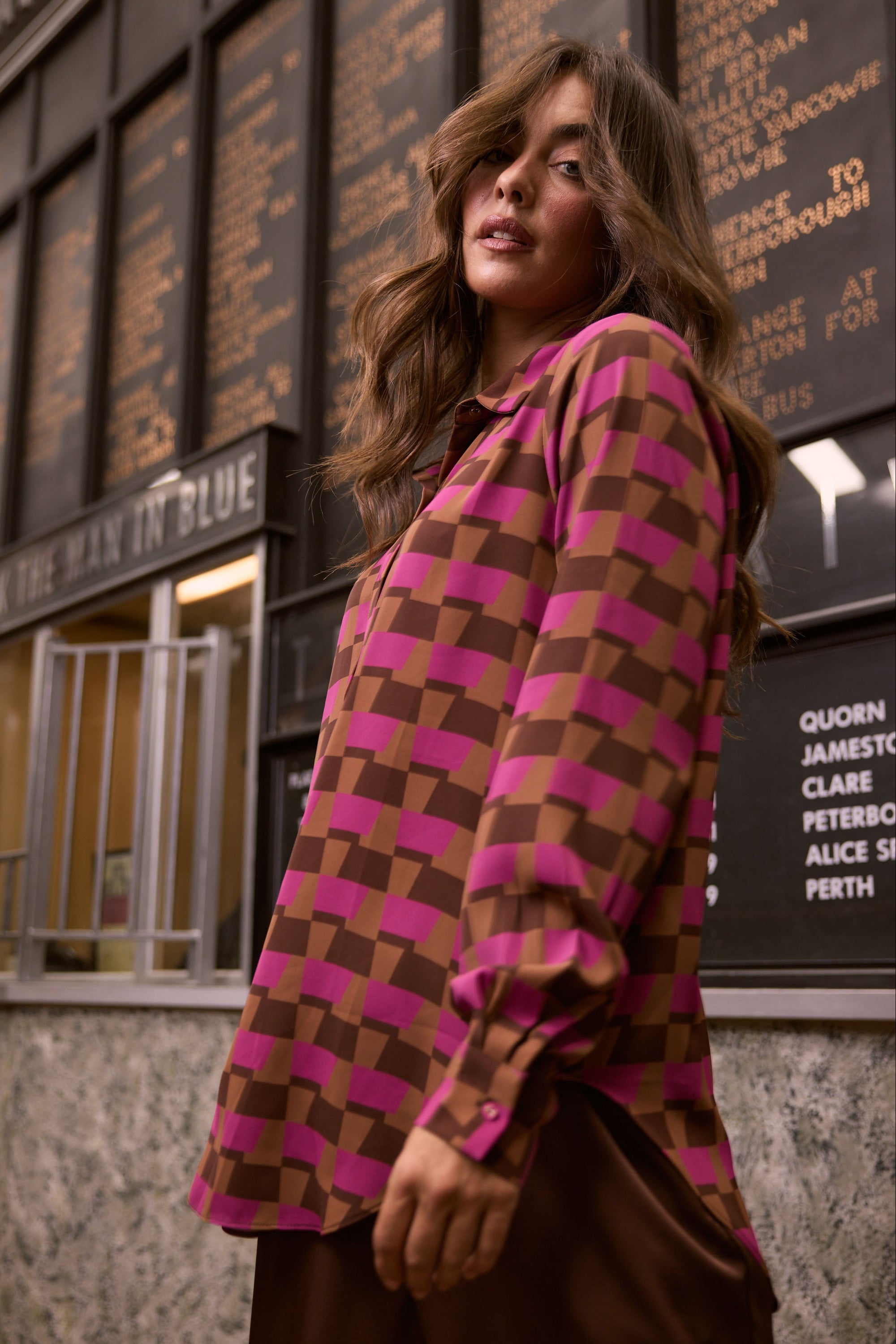 Model wearing Astrid Shirt - Geo Prism, campaign view on white background