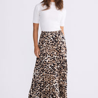 Model wearing Alias Pleated Skirt multicolour animal-print skirt, alternate studio view on white background
