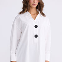 Model wearing Coventry Overshirt - White, alternate studio view on white background