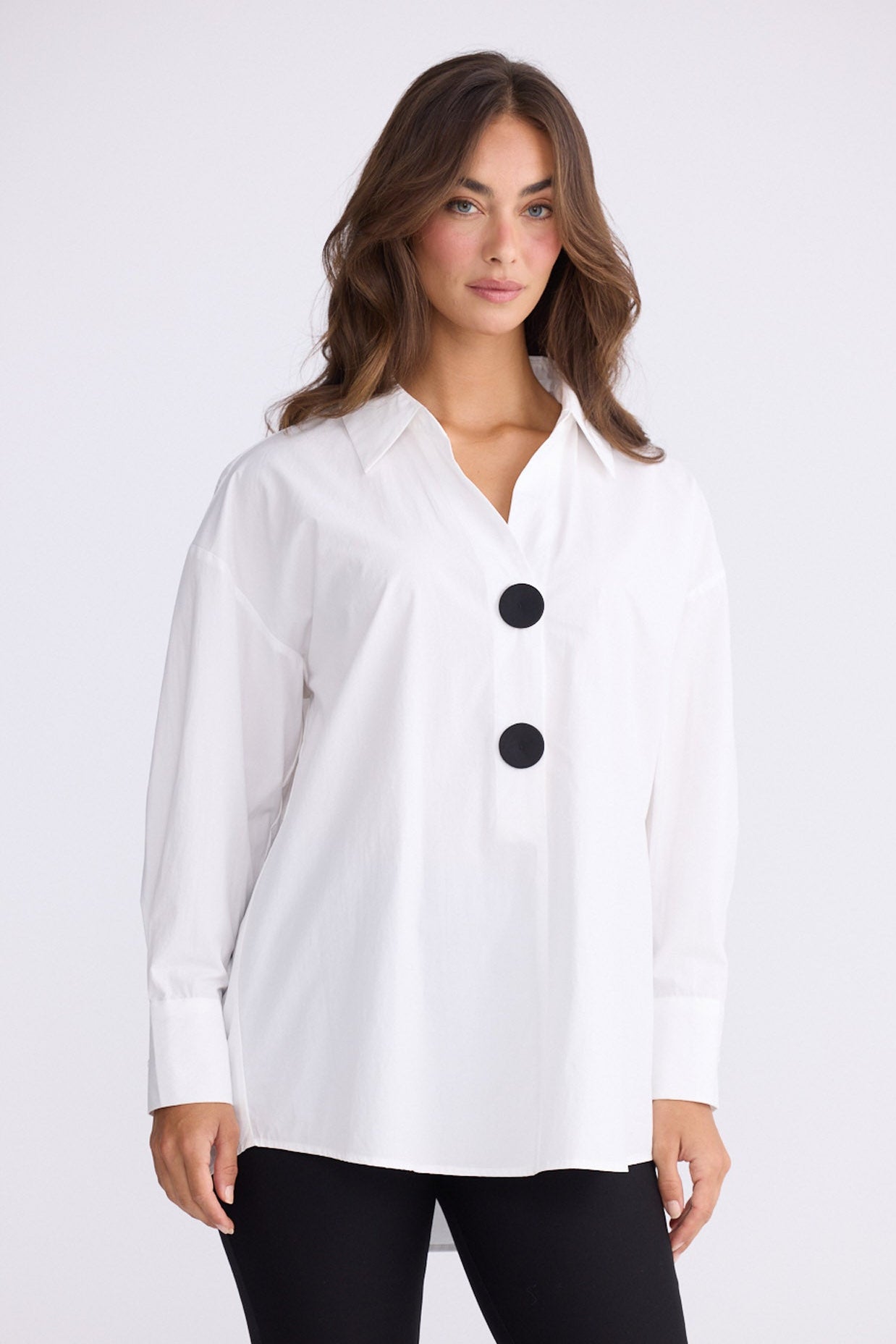 Model wearing Coventry Overshirt - White, alternate studio view on white background
