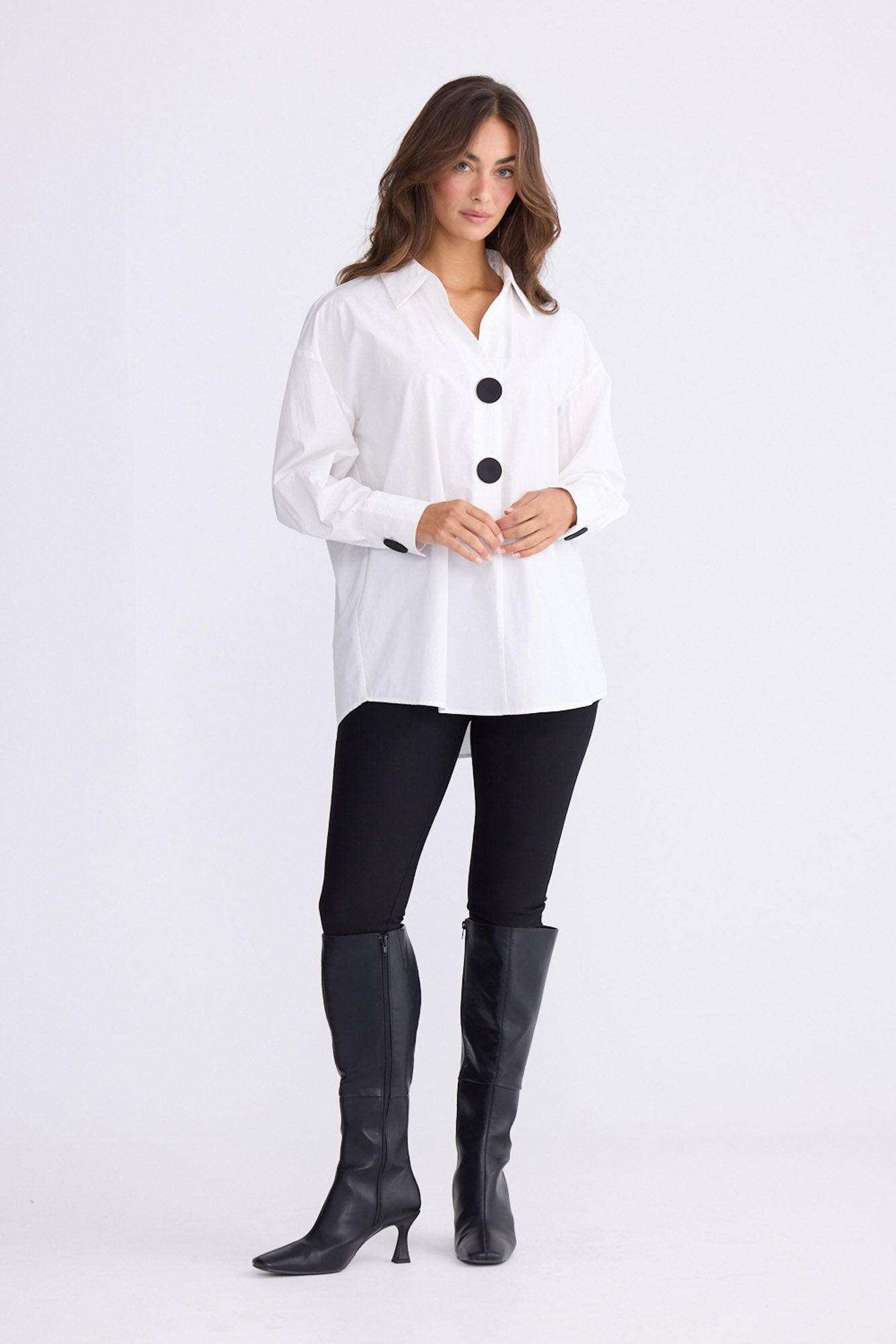 Model wearing Coventry Overshirt - White, studio view on white background