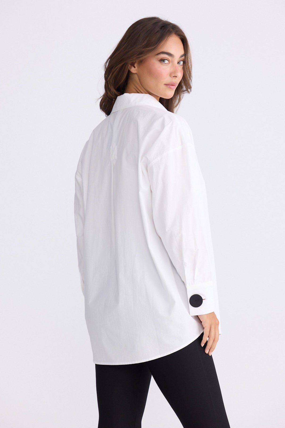 Model wearing Coventry Overshirt - White, alternate studio view on white background