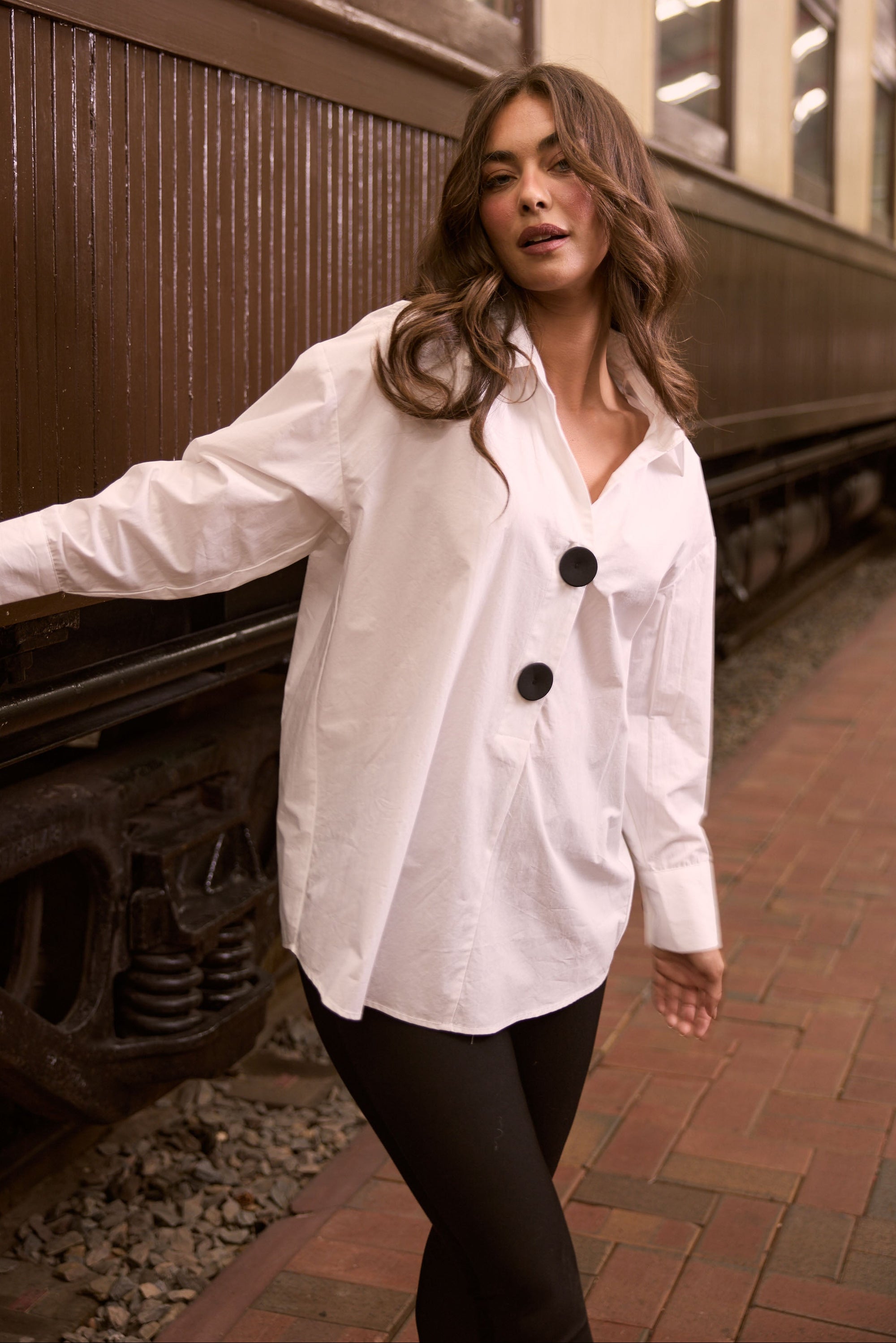 Model wearing Coventry Overshirt - White, campaign view on white background