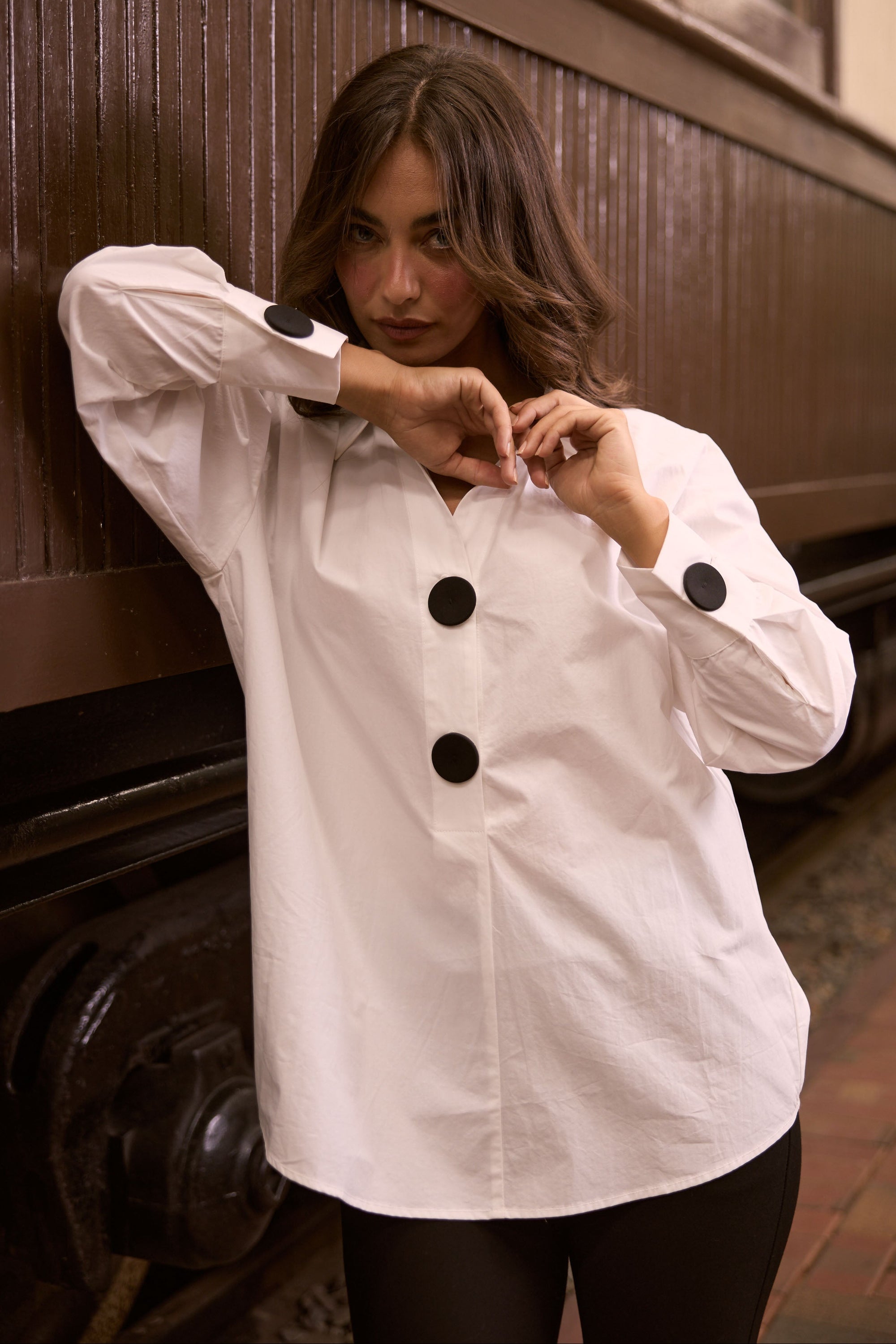 Model wearing Coventry Overshirt - White, campaign view on white background