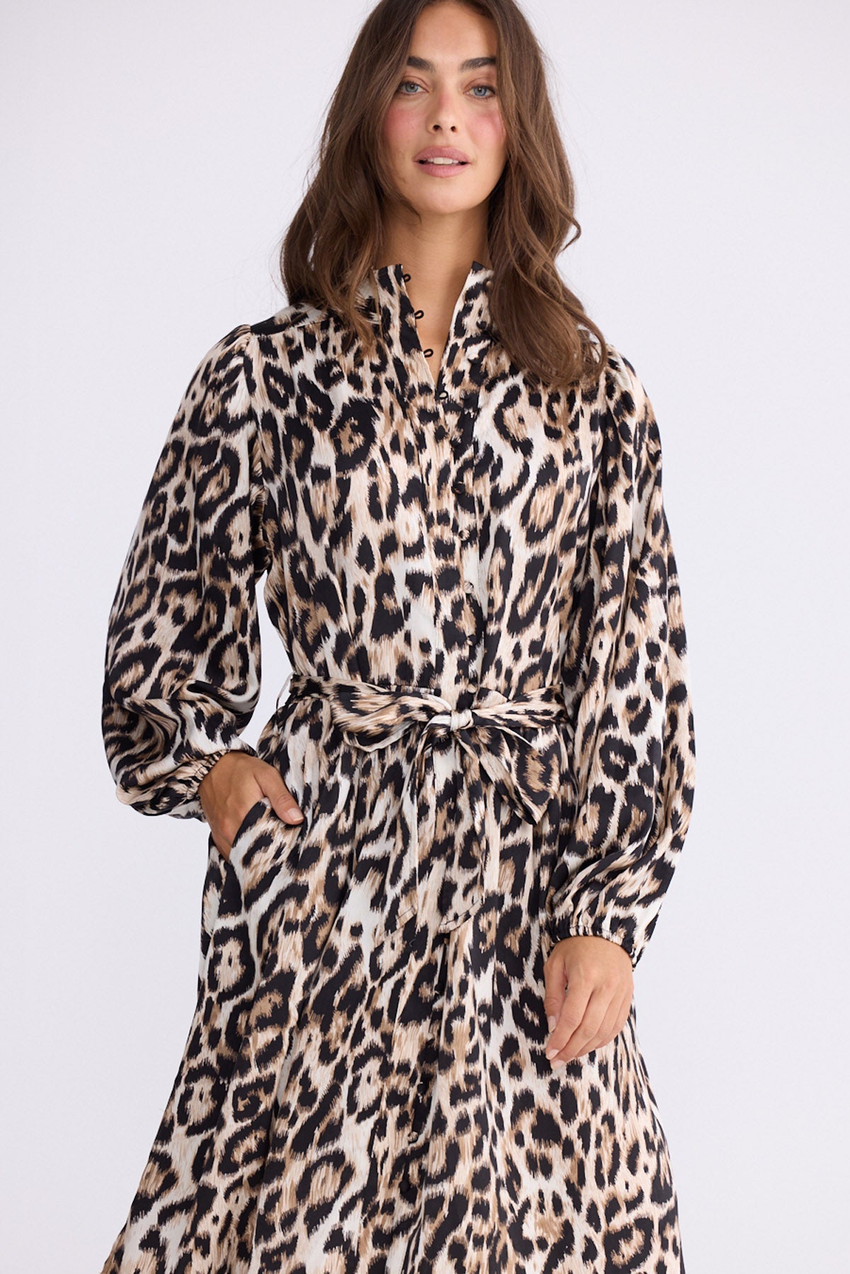 Model wearing Penny Dress in savannah print with high neck and balloon sleeves, front view on white background