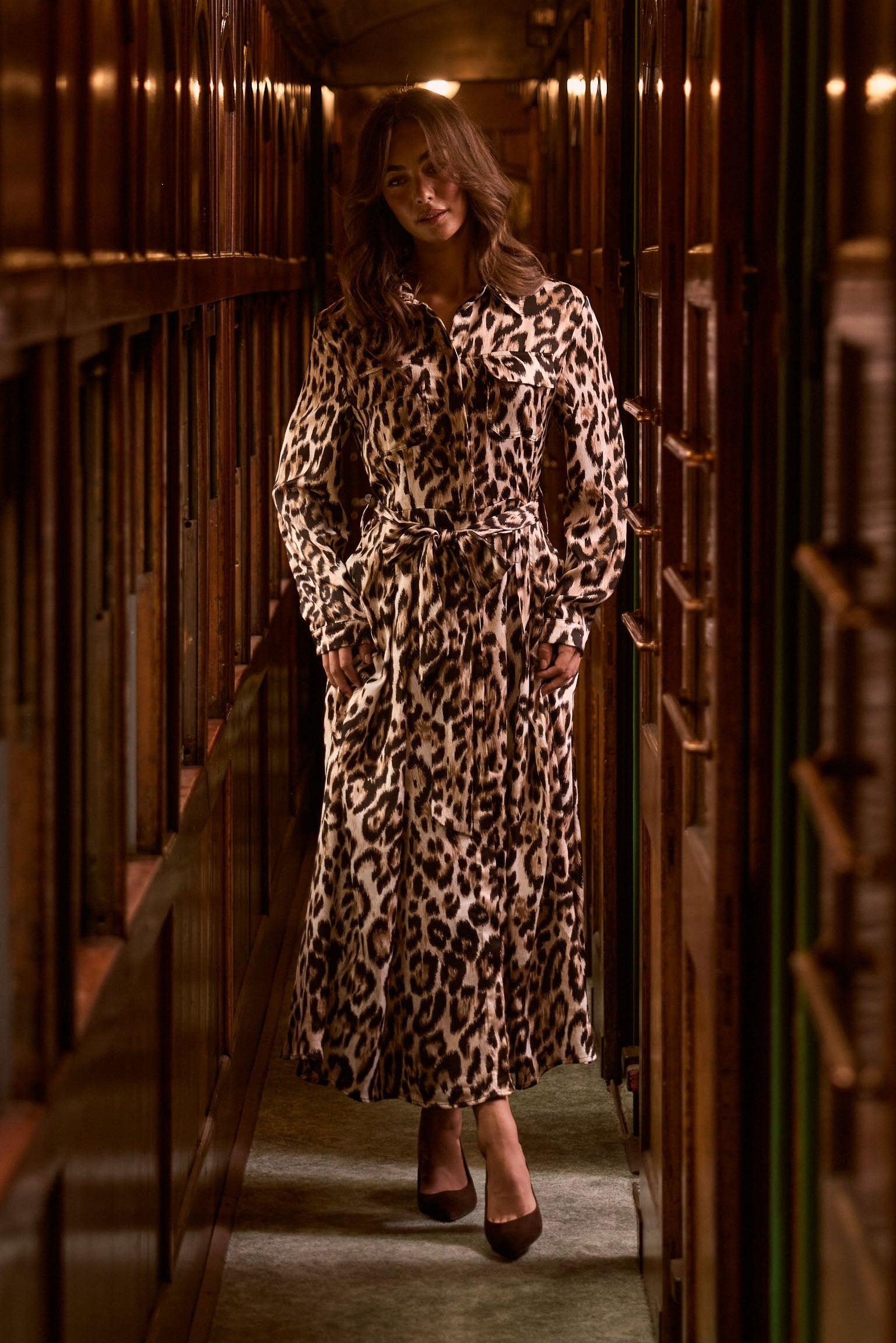 Model wearing Rossellini Long Sleeve Dress in savannah print with shirt collar, detail view on white background