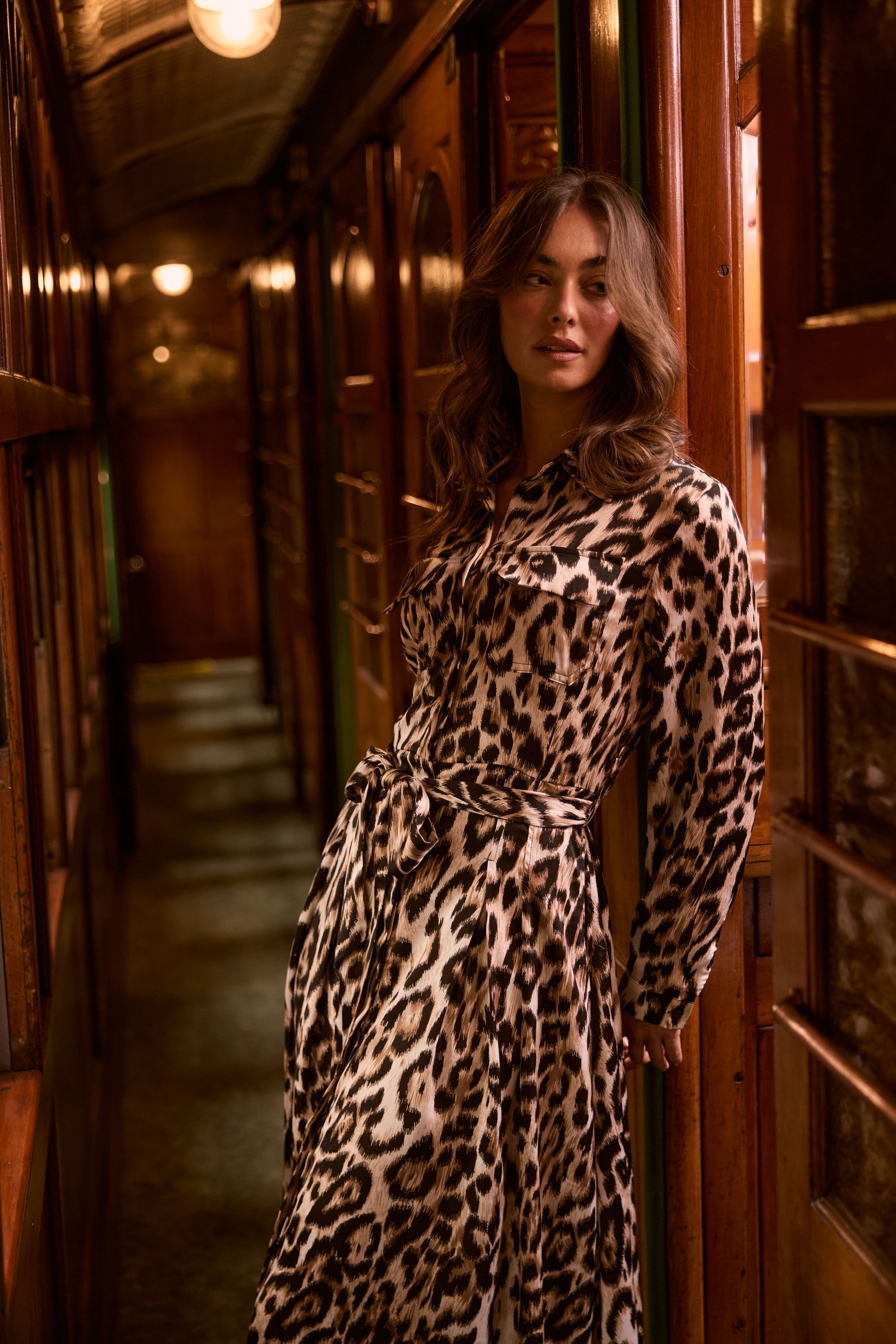 Model wearing Rossellini Long Sleeve Dress in savannah print with shirt collar, detail view on white background