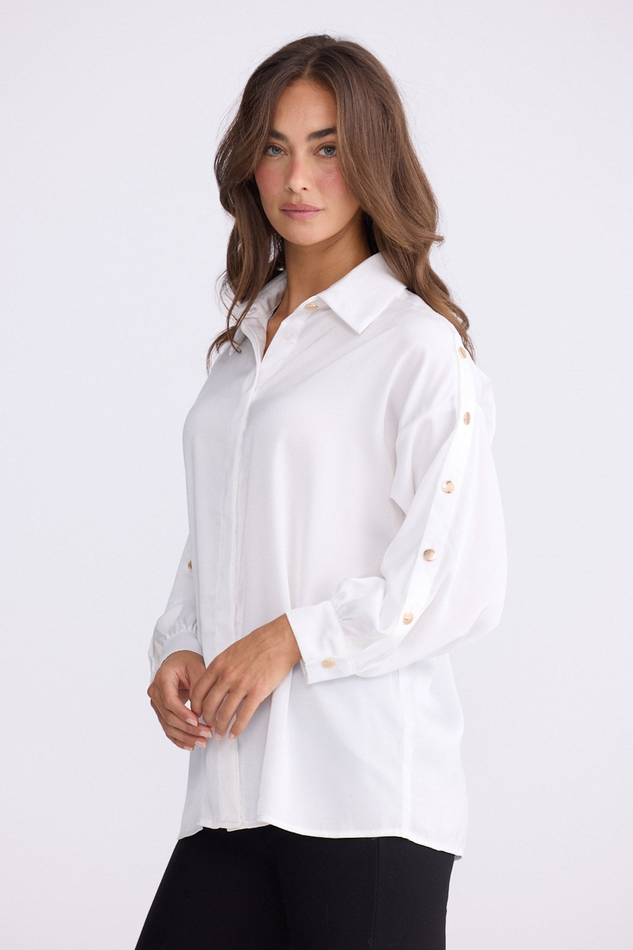 Model wearing Cassian Shirt - Ivory, alternate studio view on white background