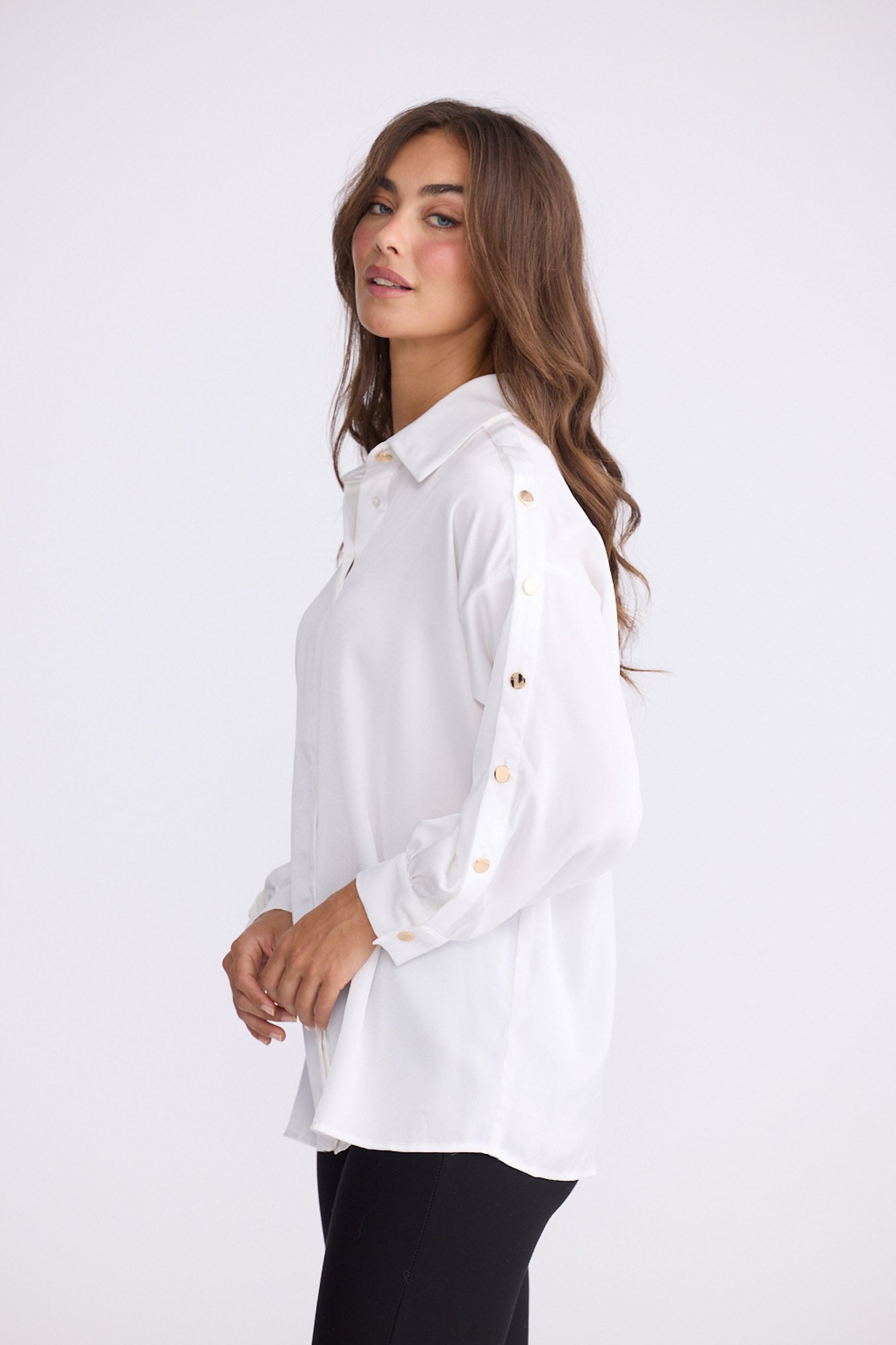 Model wearing Cassian Shirt - Ivory, alternate studio view on white background