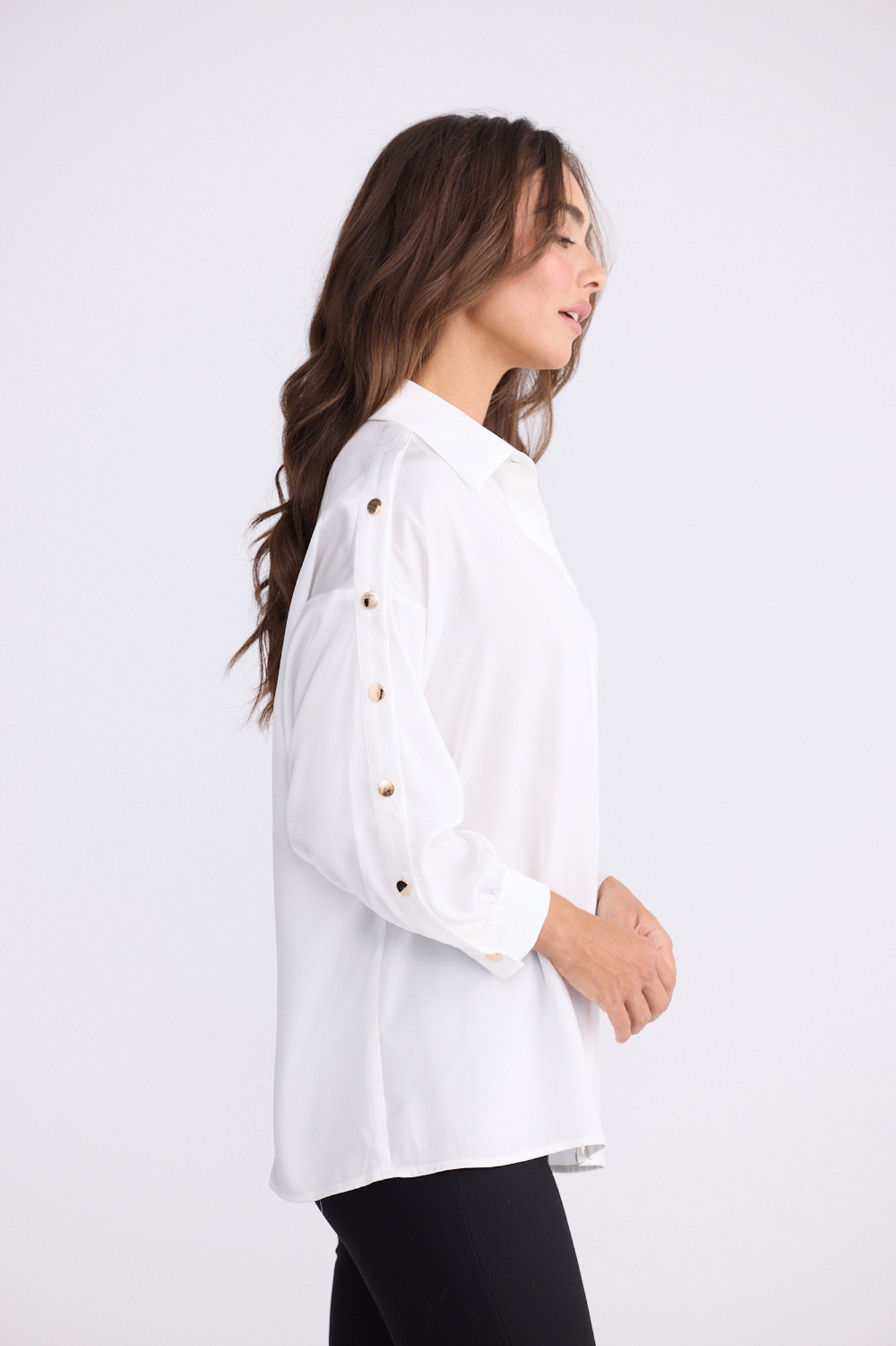 Model wearing Cassian Shirt - Ivory, alternate studio view on white background