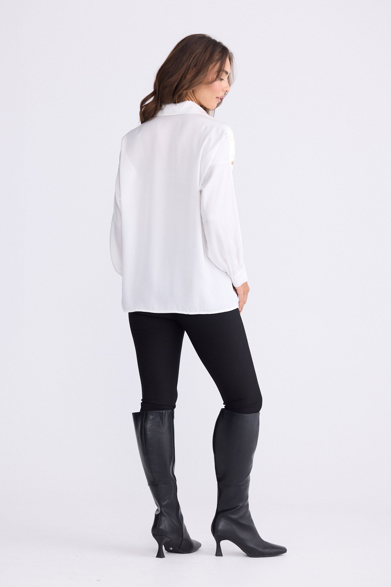 Model wearing Cassian Shirt - Ivory, alternate studio view on white background