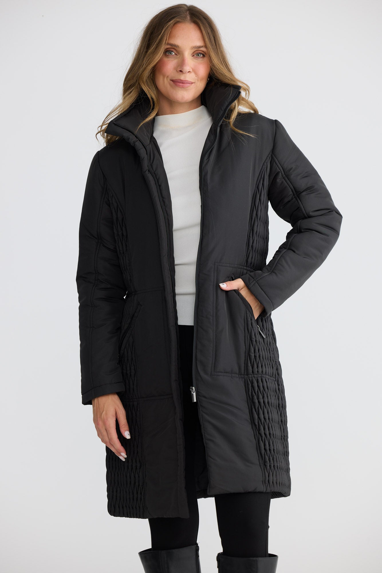 Model wearing Delphine Puffer black puffer jacket, collared neckline, alternate studio view on white background