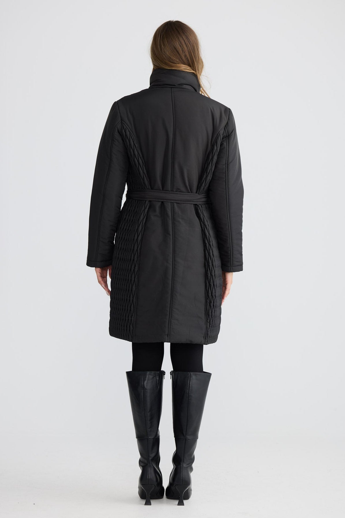 Model wearing Delphine Puffer black puffer jacket, collared neckline, alternate studio view on white background