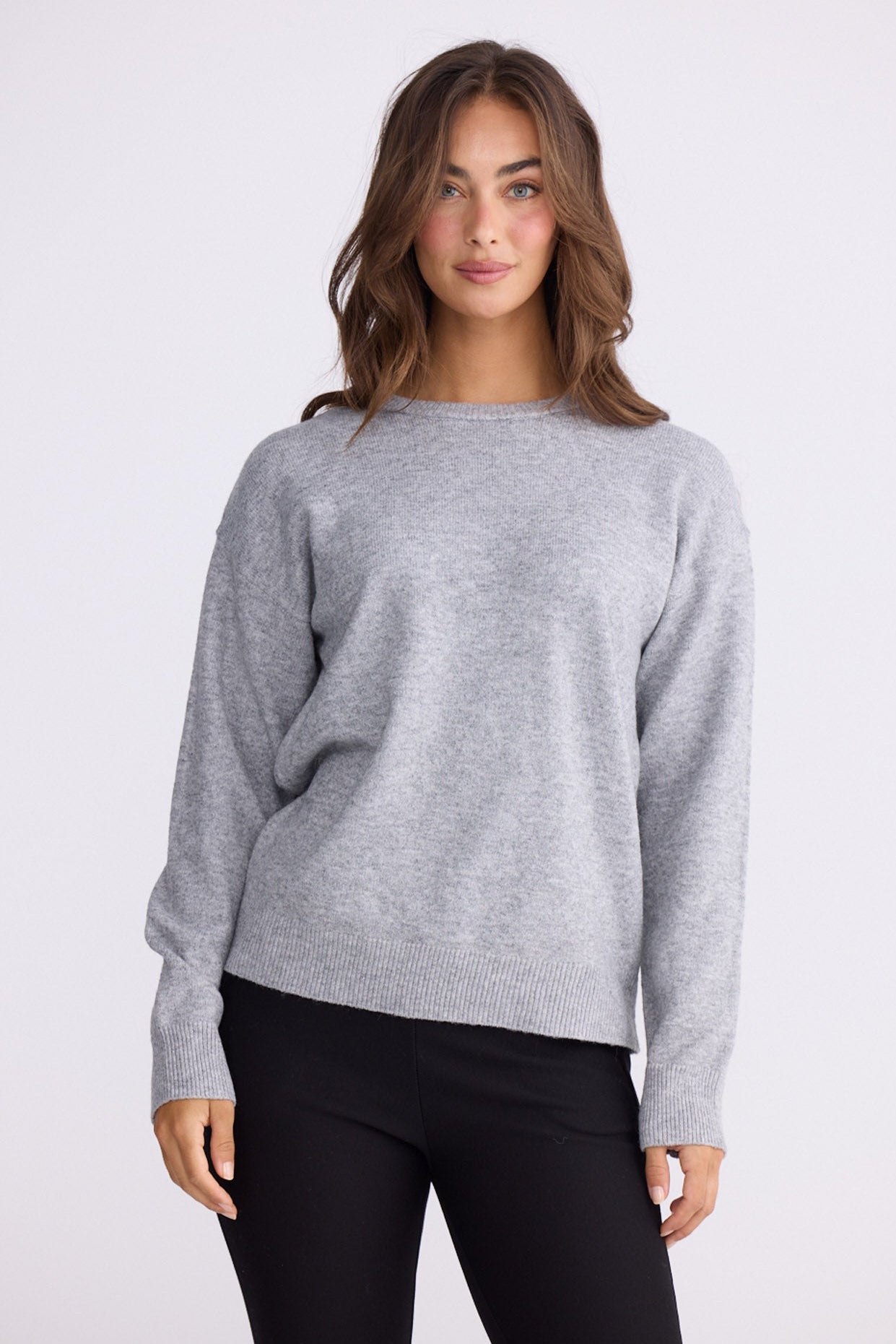 Model wearing Casey Knit - Ash, alternate studio view on white background