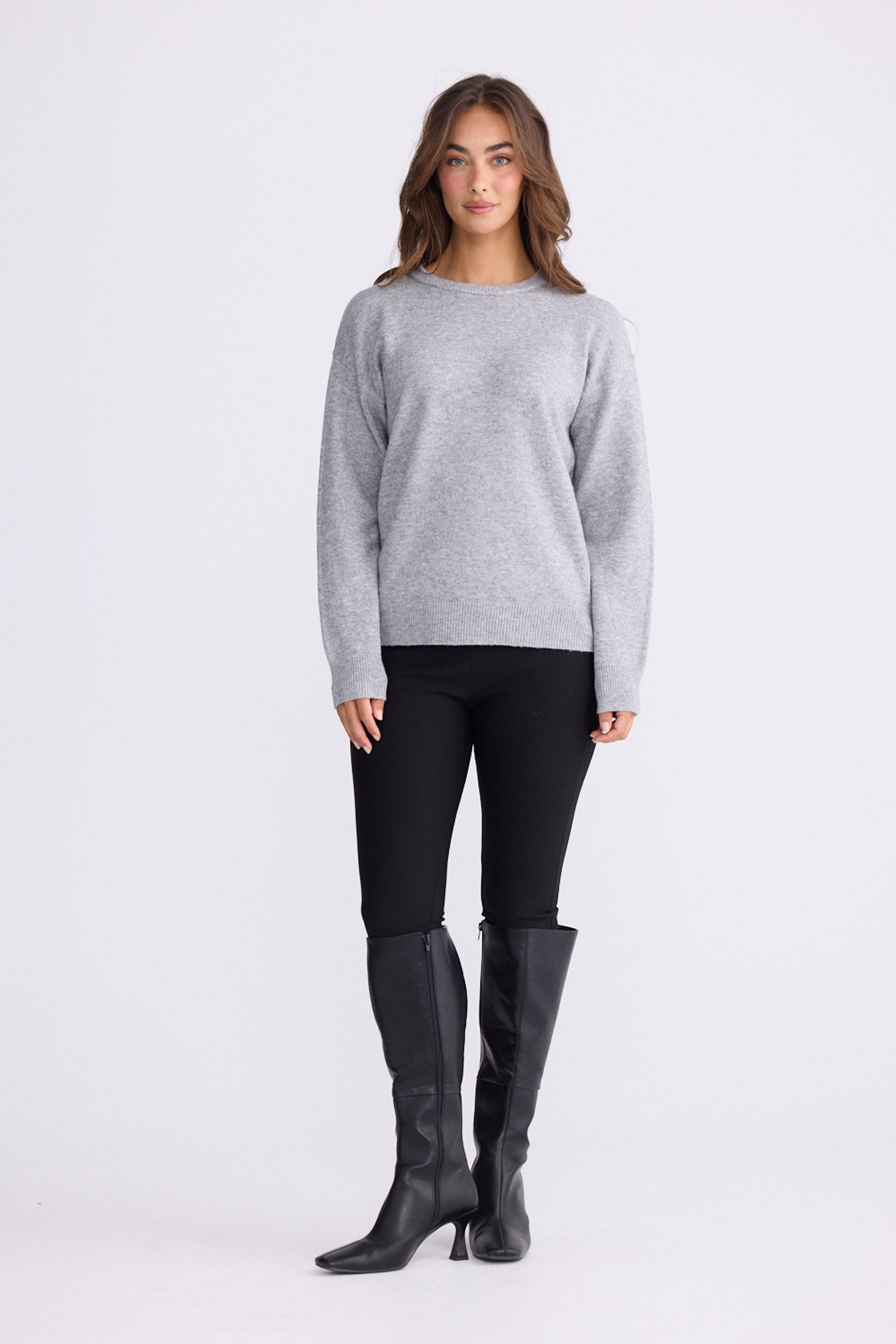 Model wearing Casey Knit - Ash, alternate studio view on white background
