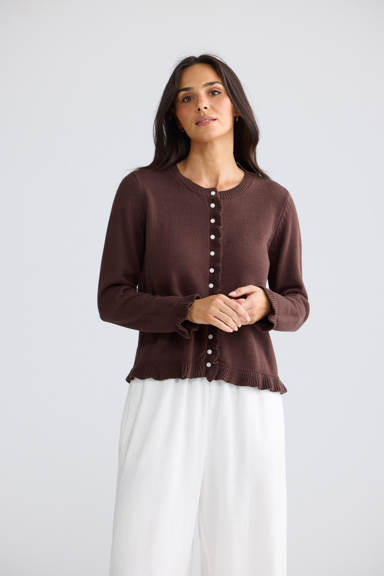 Model wearing Lorrie Frill Cardi in Chocolate by Brave + True, view 2.
