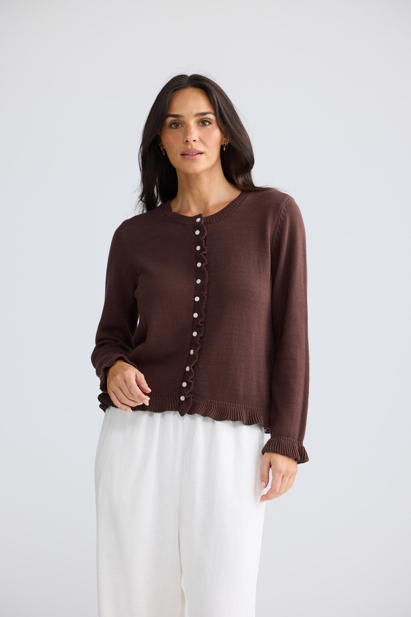 Model wearing Lorrie Frill Cardi in Chocolate by Brave + True, view 3.