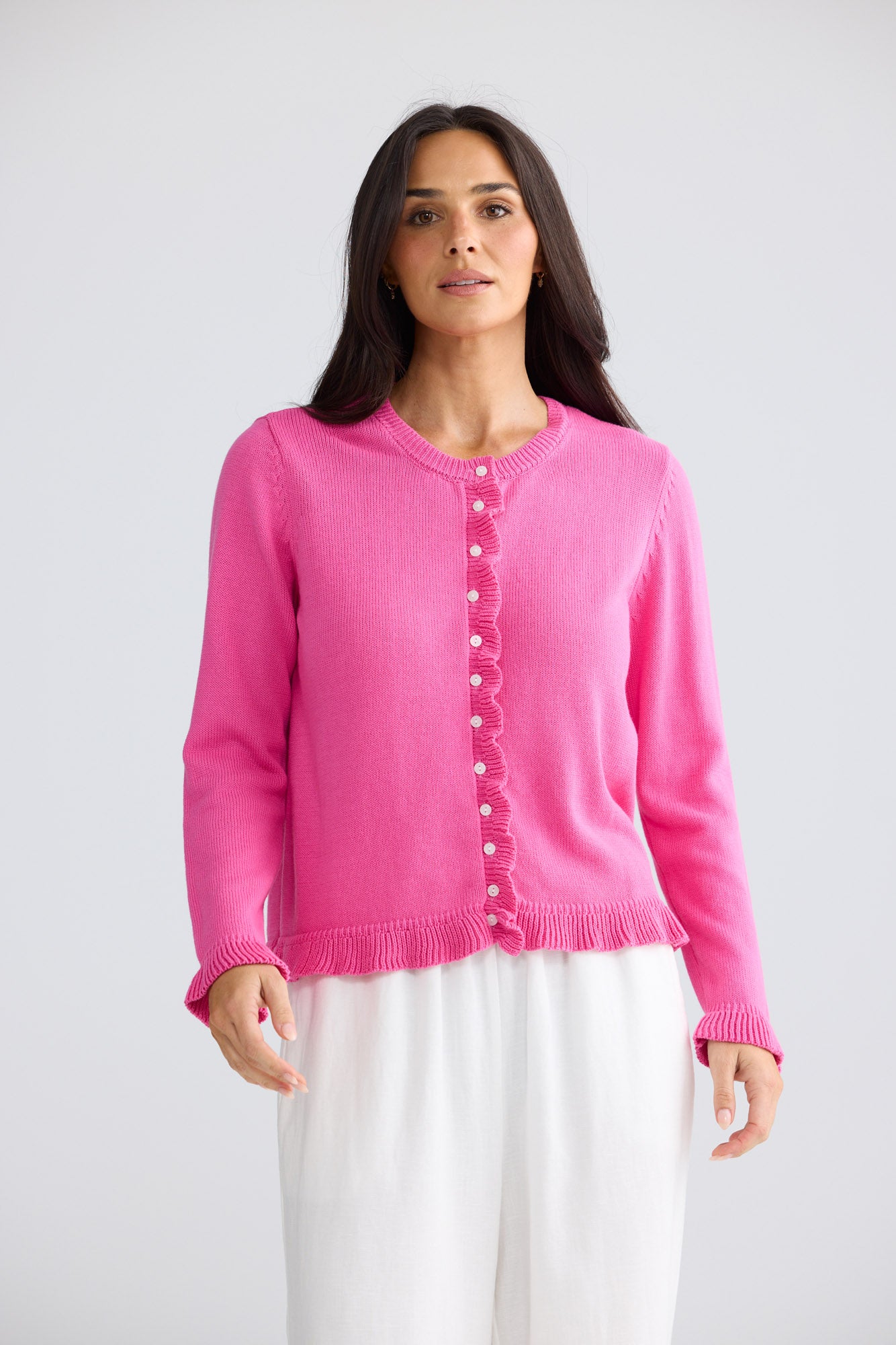 Model wearing Lorrie Frill Cardi in Hot Pink by Brave + True, view 3.