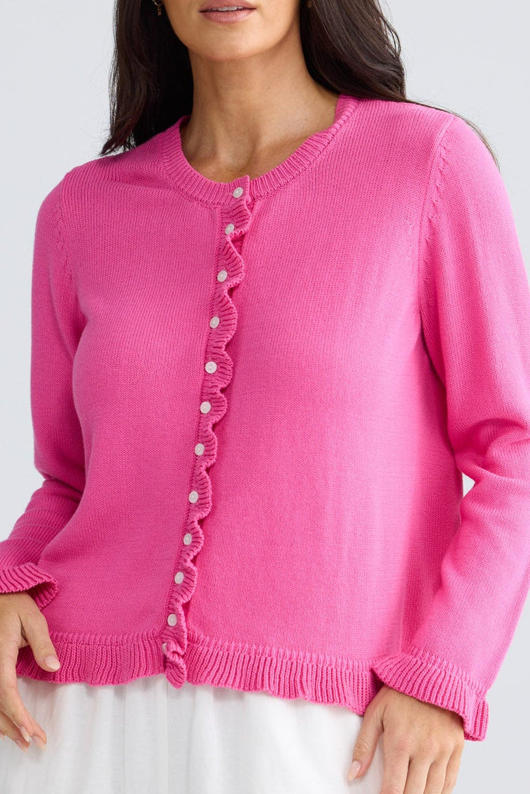 Model wearing Lorrie Frill Cardi in Hot Pink by Brave + True, view 4.