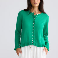 Model wearing Lorrie Frill Cardi in Jade by Brave + True, view 2.
