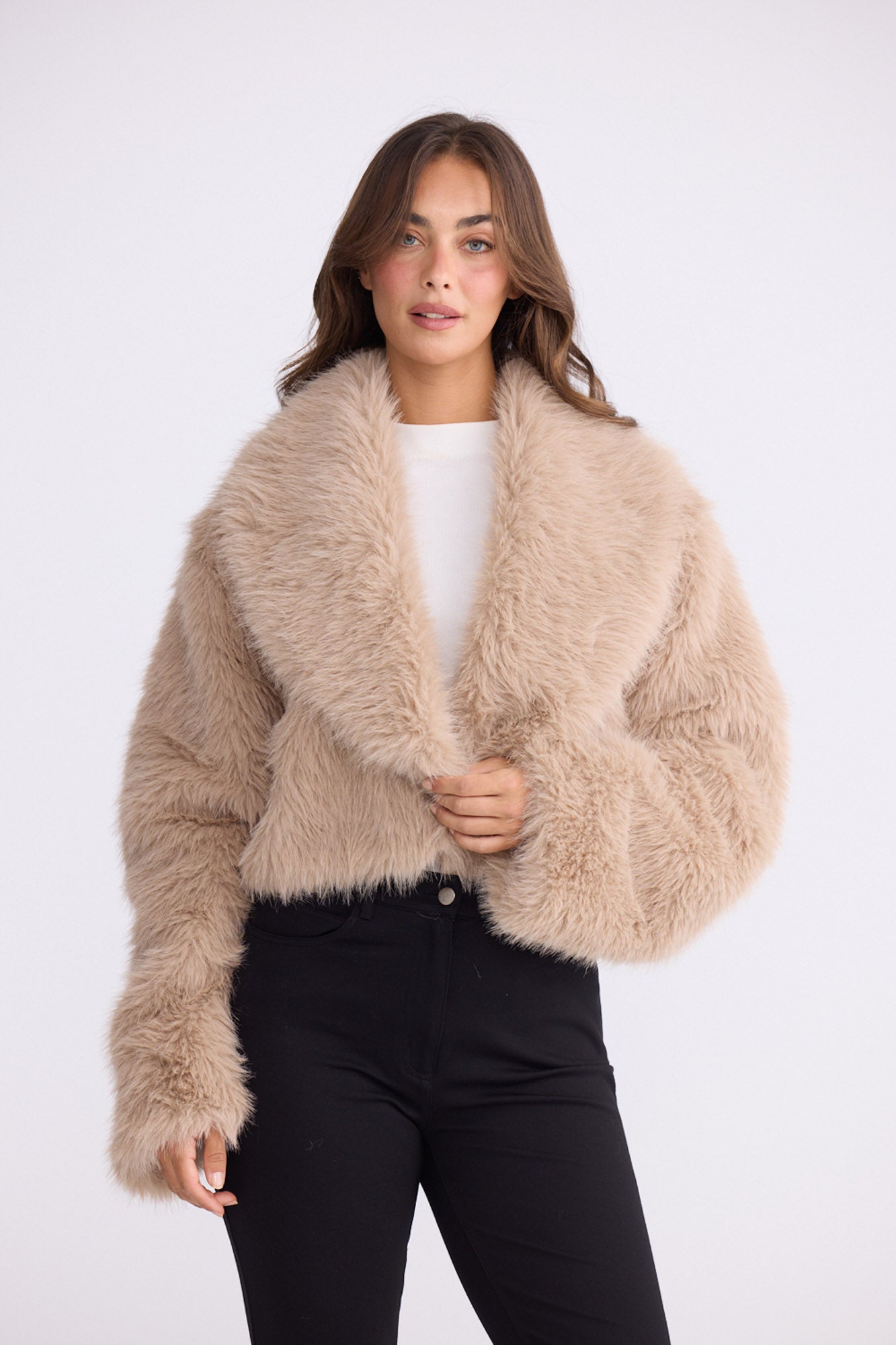 Model wearing Chantel Fur Jacket beige jacket with shawl collar, alternate studio view on white background