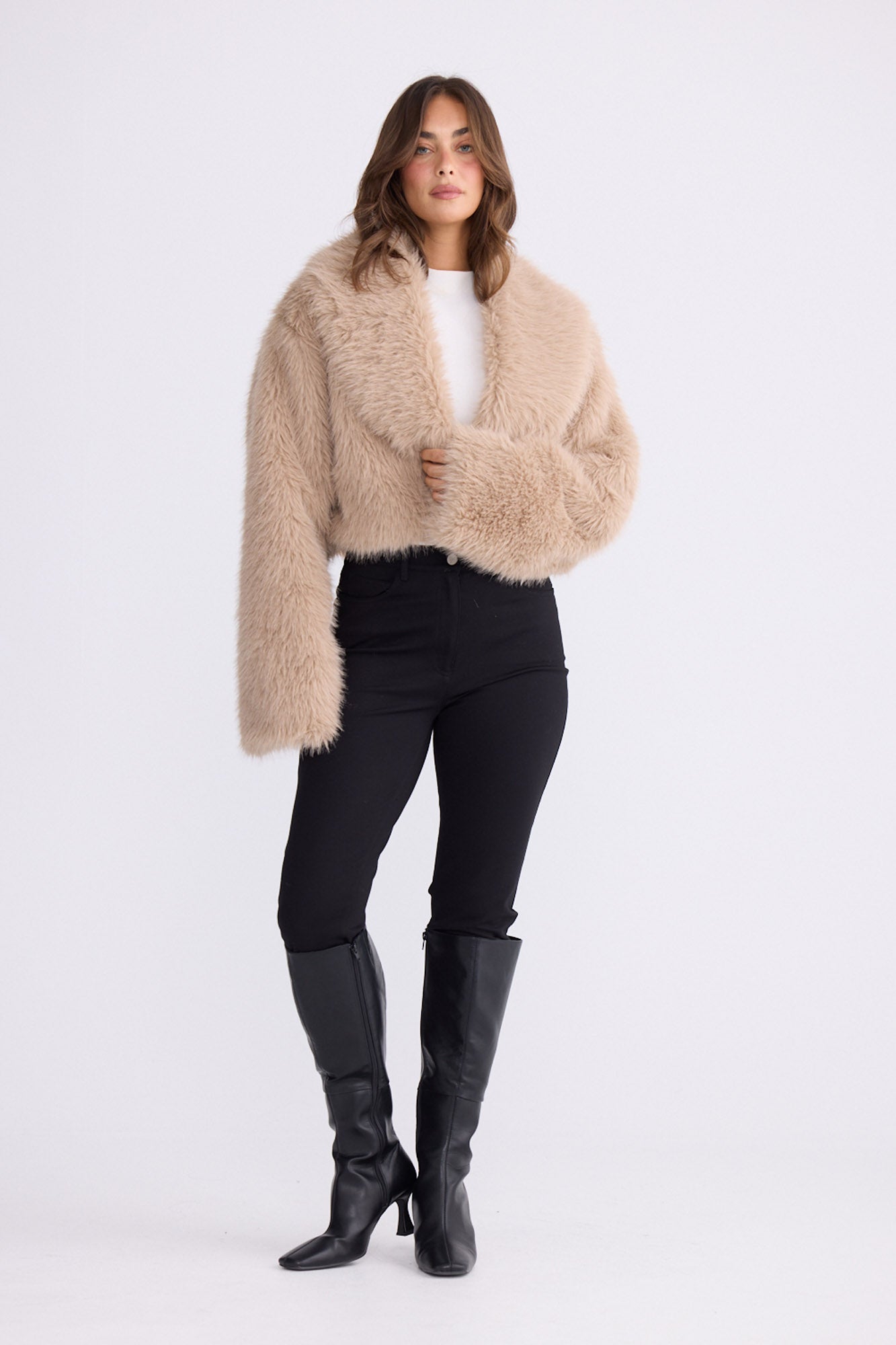 Model wearing Chantel Fur Jacket beige jacket with shawl collar, alternate studio view on white background