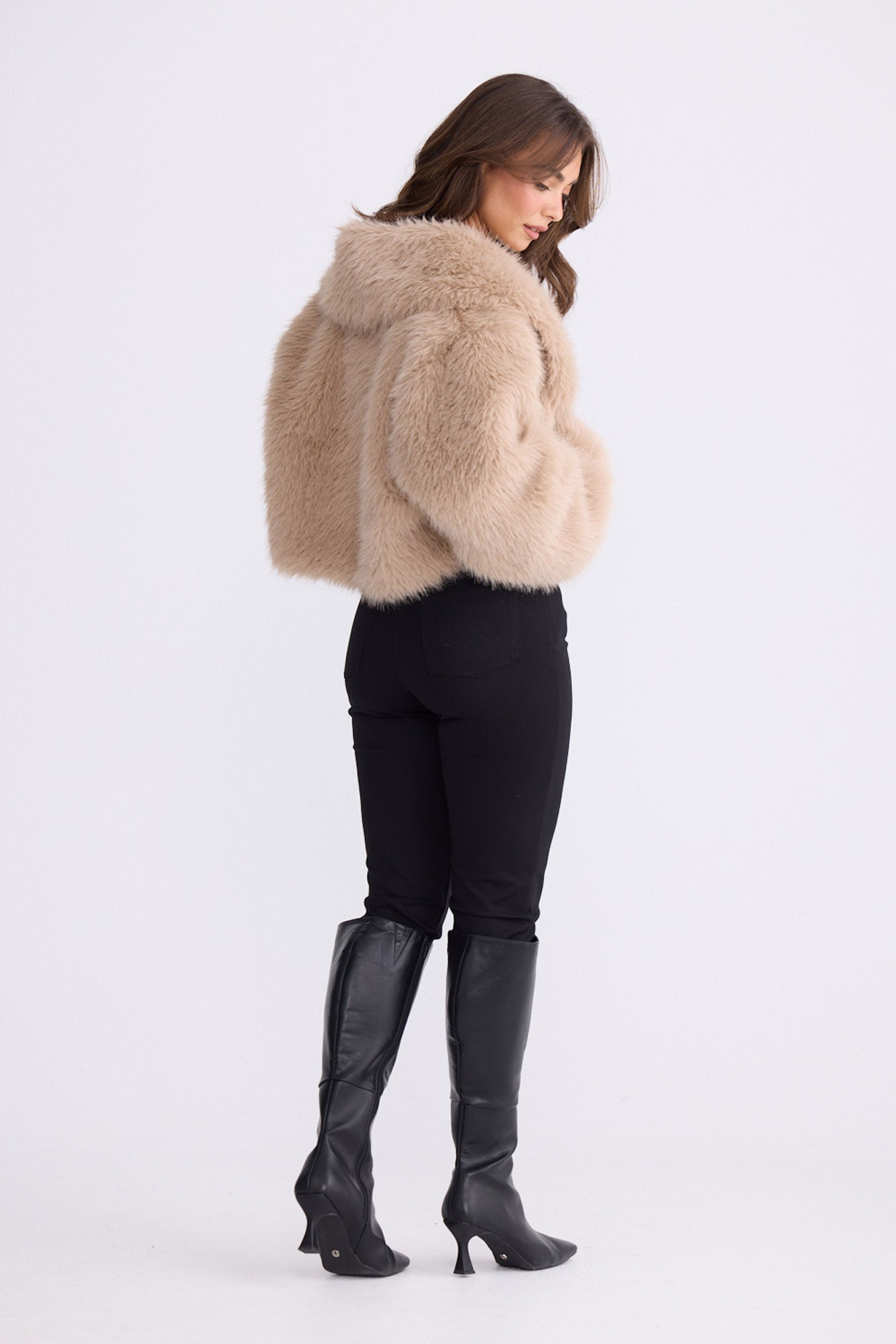 Model wearing Chantel Fur Jacket beige jacket with shawl collar, front view on white background
