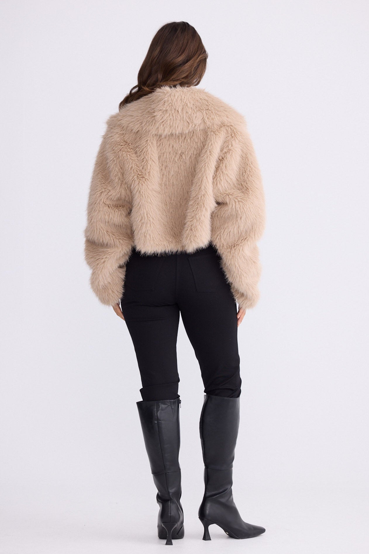 Model wearing Chantel Fur Jacket beige jacket with shawl collar, alternate studio view on white background