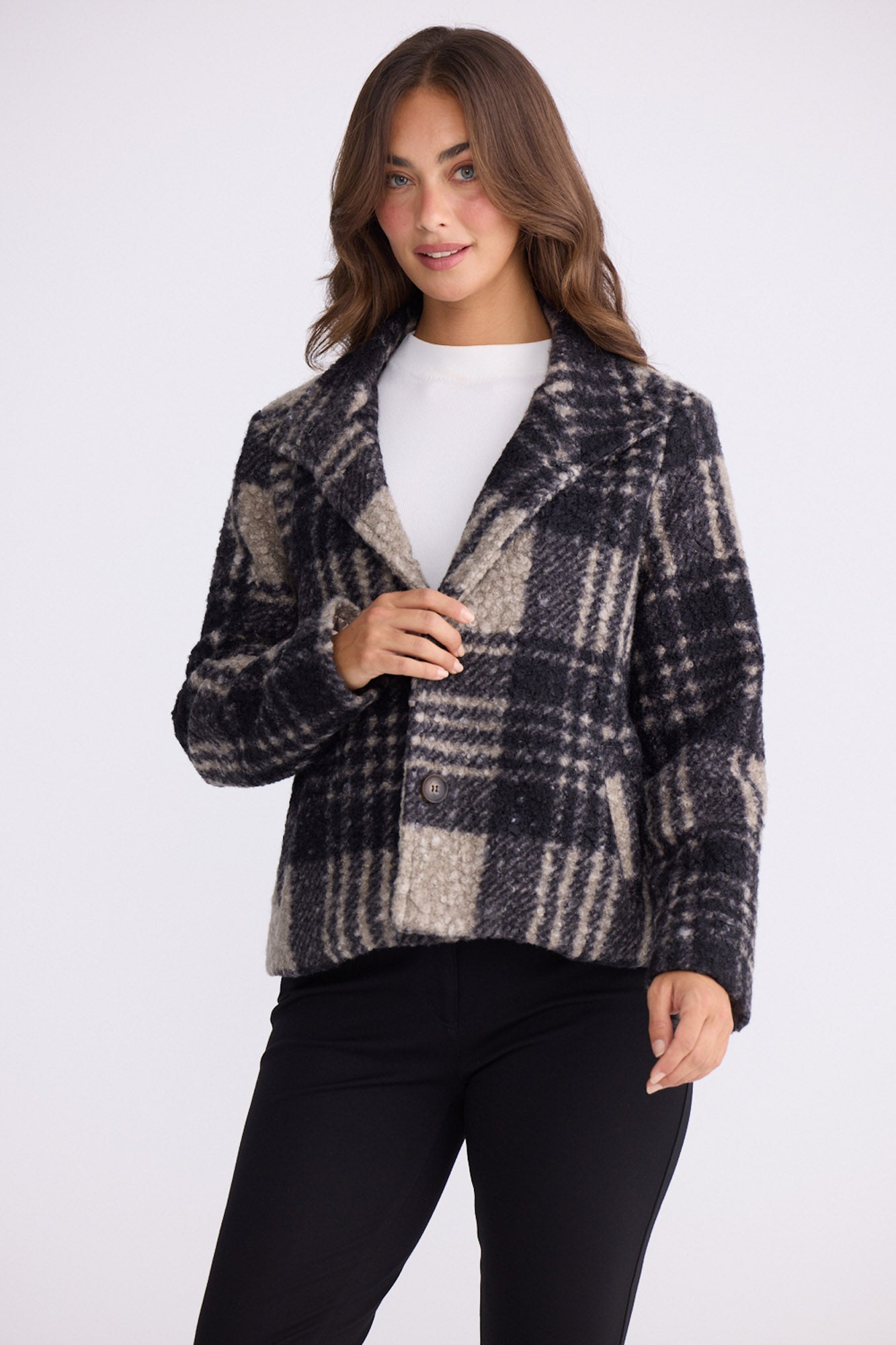 Model wearing Ascot Jacket multicolour checkered jacket, button-front closure, alternate studio view on white background