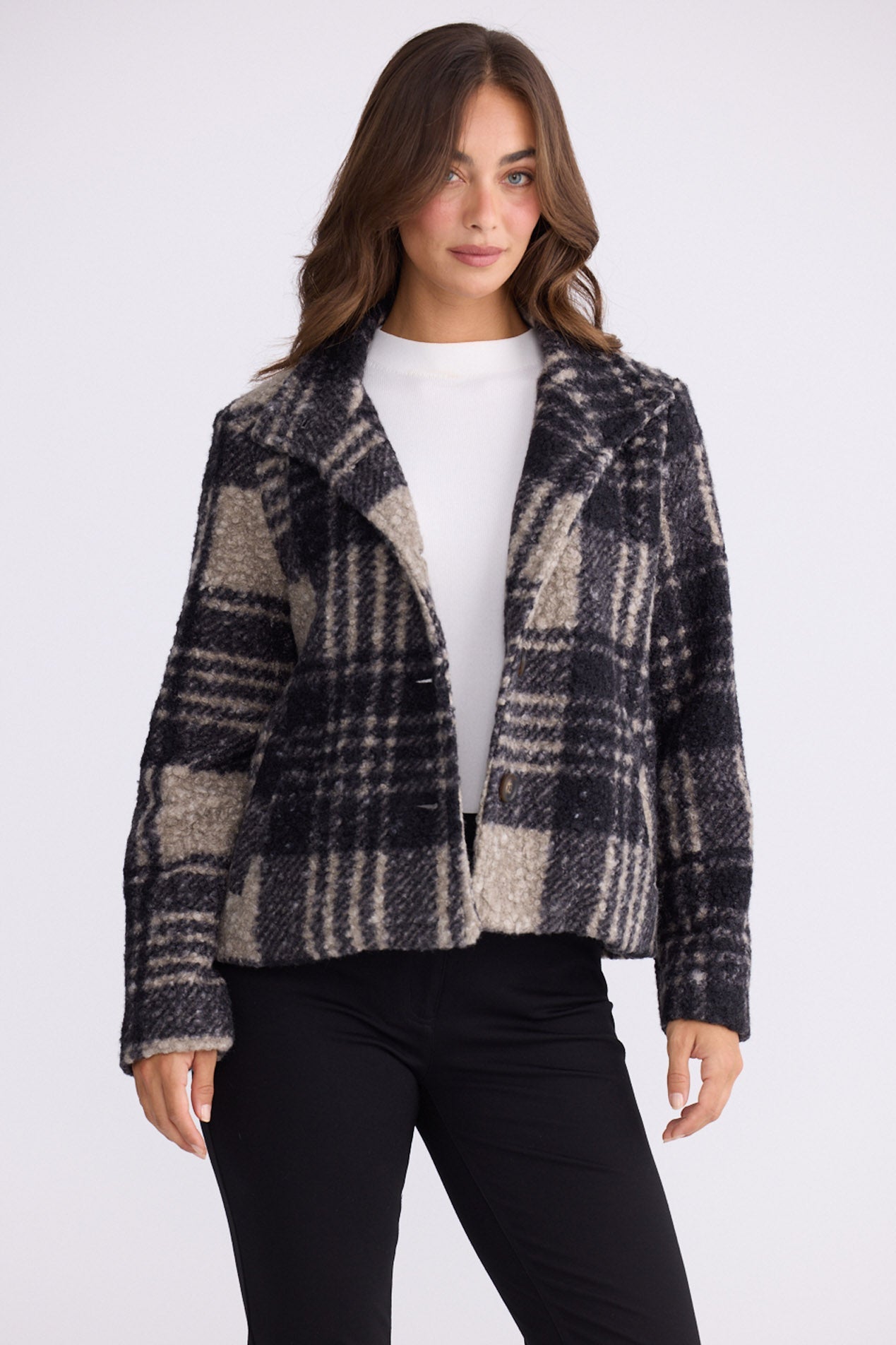 Model wearing Ascot Jacket multicolour checkered jacket with side pockets, button-front closure, front view on white background