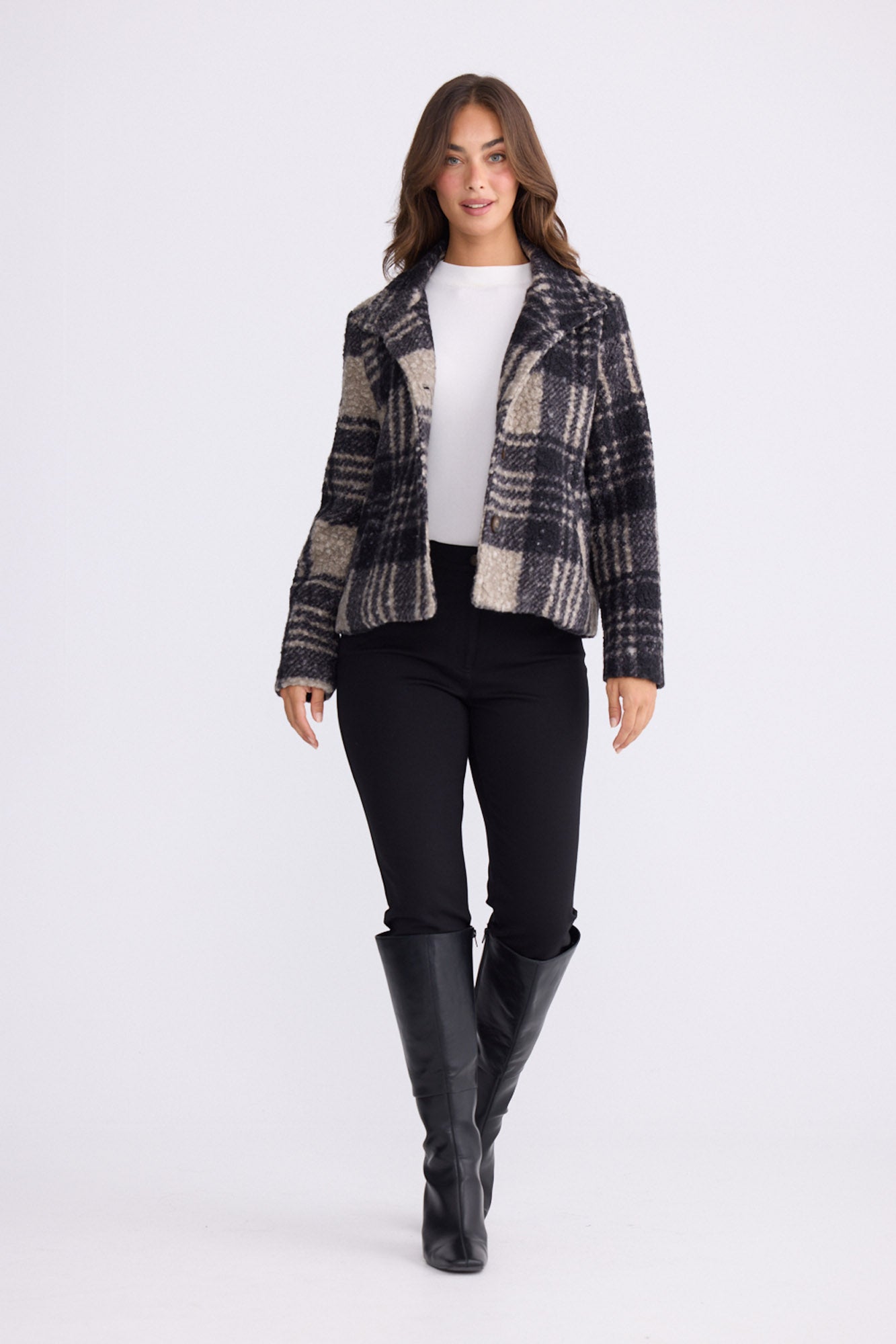 Model wearing Ascot Jacket multicolour checkered jacket, button-front closure, alternate studio view on white background