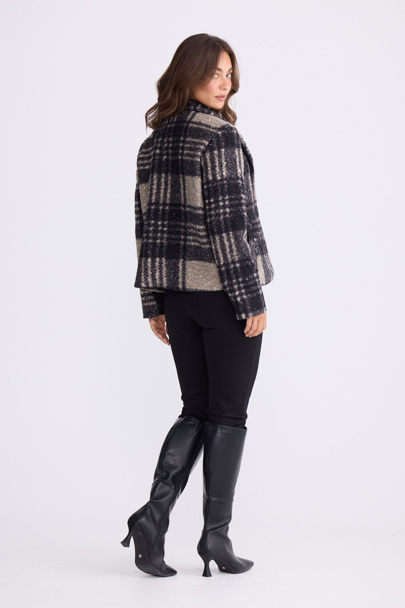 Model wearing Ascot Jacket multicolour checkered jacket, button-front closure, alternate studio view on white background