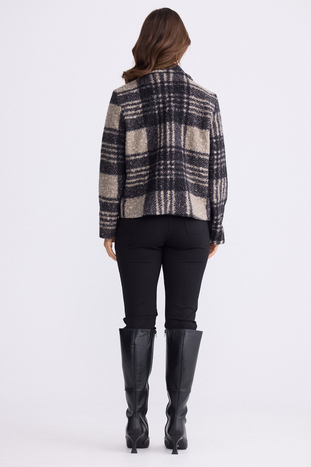 Model wearing Ascot Jacket multicolour checkered jacket, button-front closure, alternate studio view on white background