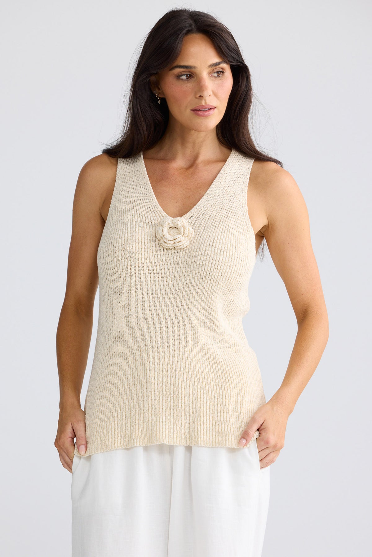 Model wearing Rosalie Knit Tank in Natural by Brave + True, view 2.