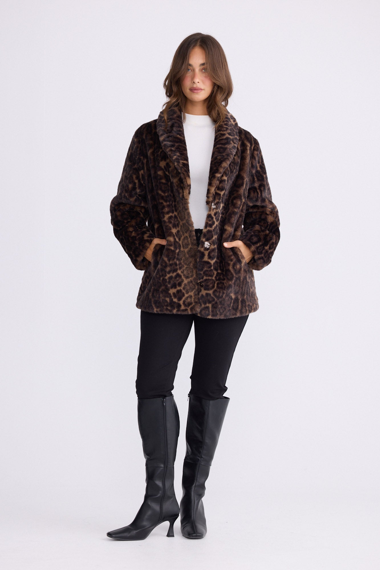 Model wearing Katerina Fur Jacket in leopard with shawl collar and long sleeves, front view on white background