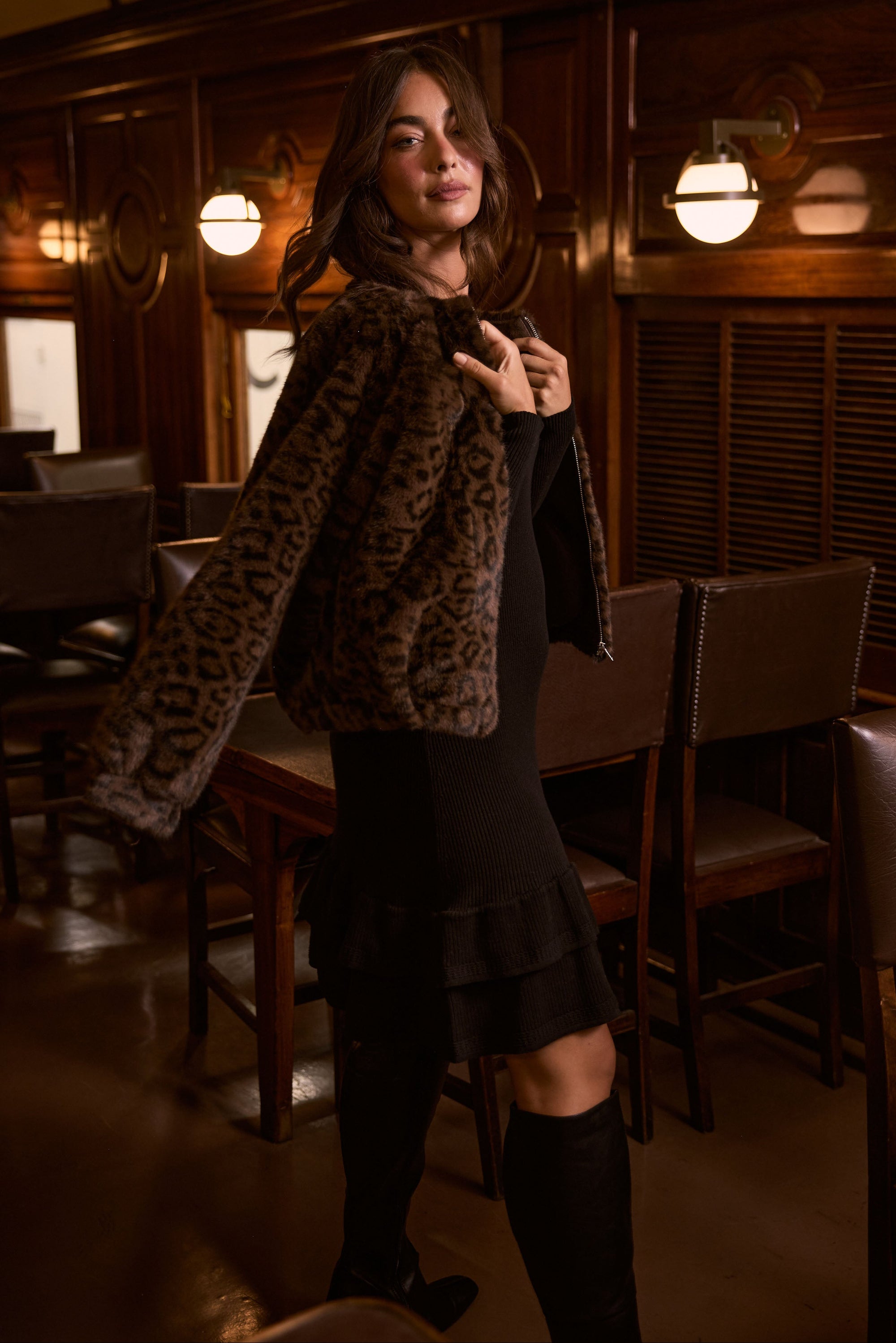 Model wearing Alya Fur Jacket brown animal-print jacket, zip-through front closure, alternate studio view on white background