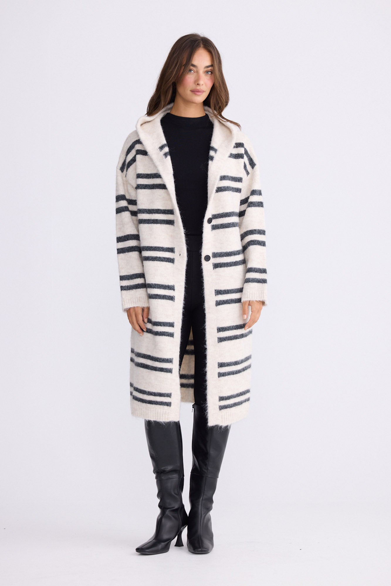 Model wearing Chelsea Knit Cardi - Natural W Grey Stripe, alternate studio view on white background