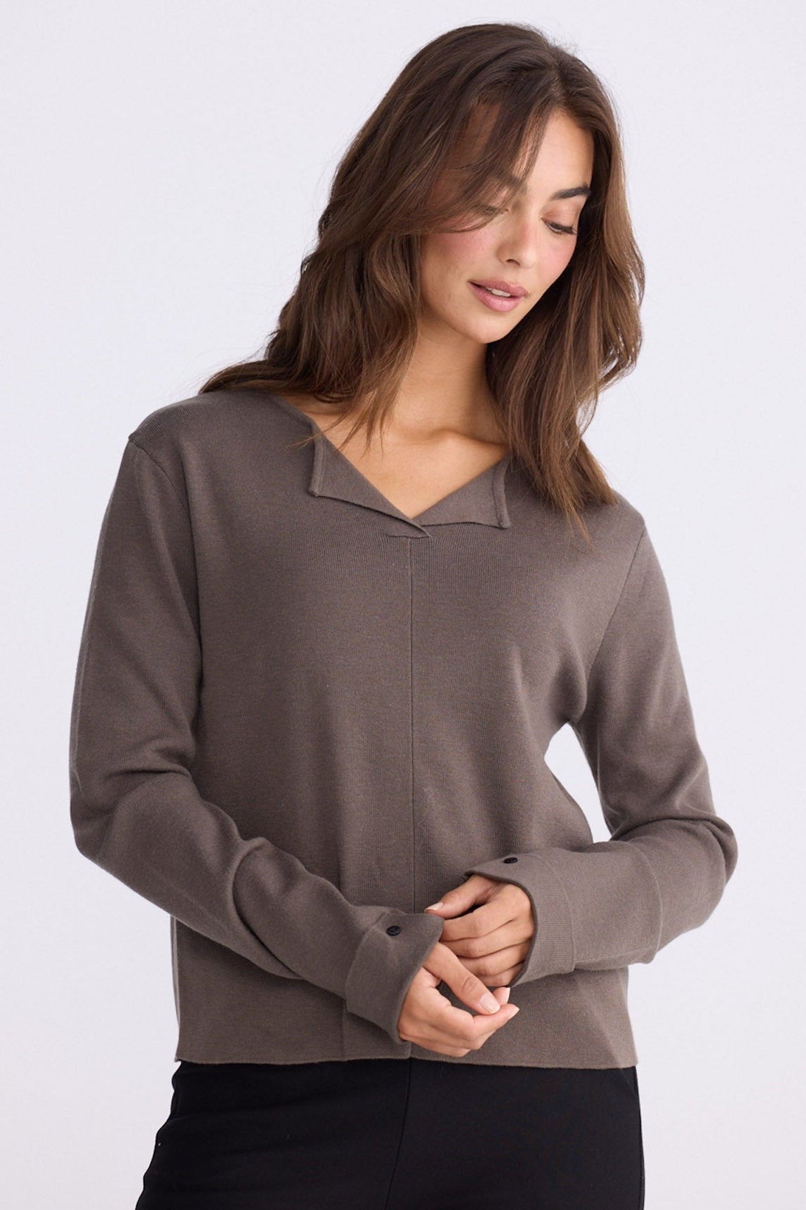 Model wearing Fitzroy Knit Top - Mushroom, studio view on white background