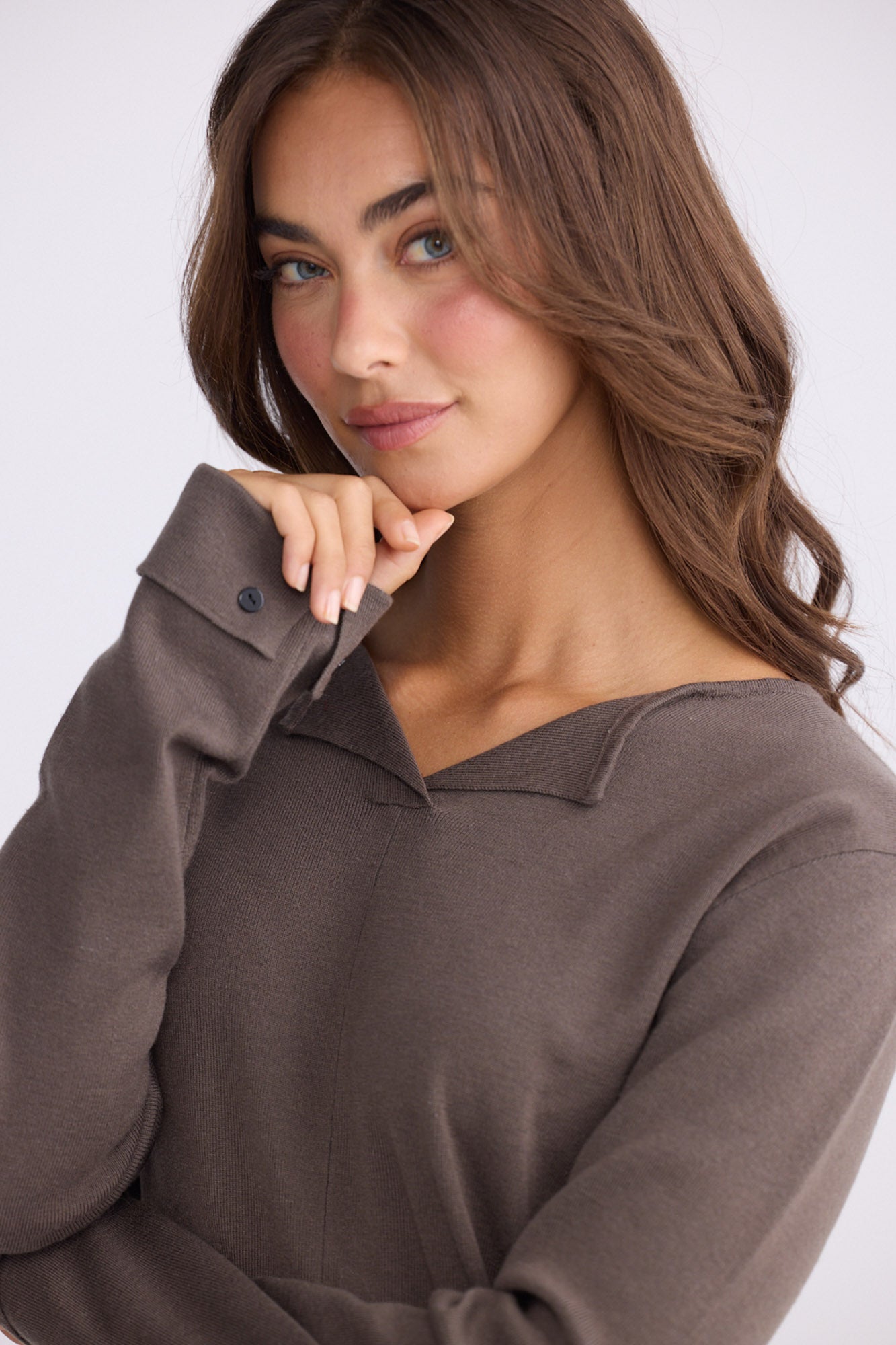 Model wearing Fitzroy Knit Top - Mushroom, alternate studio view on white background