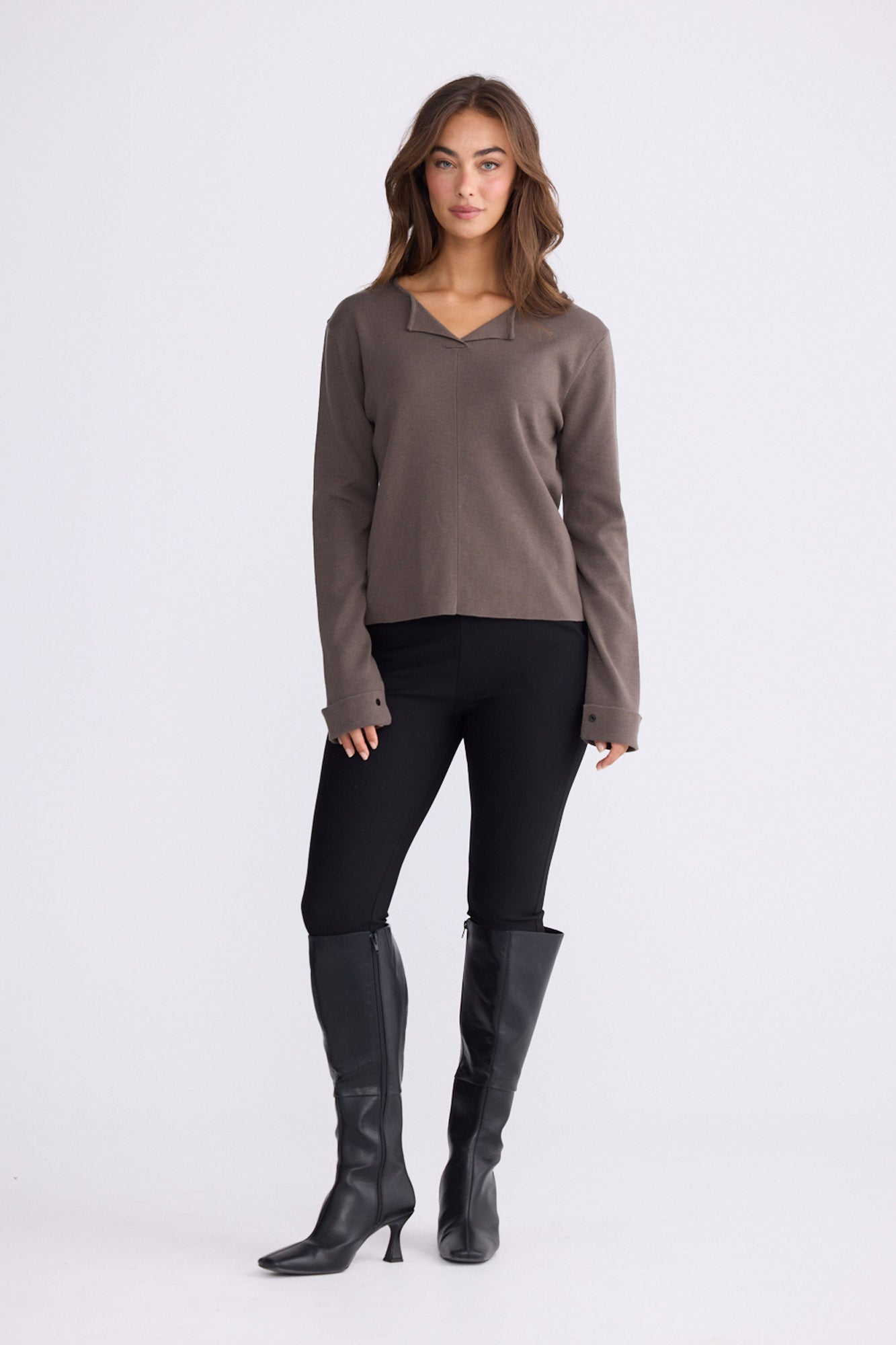 Model wearing Fitzroy Knit Top - Mushroom, alternate studio view on white background