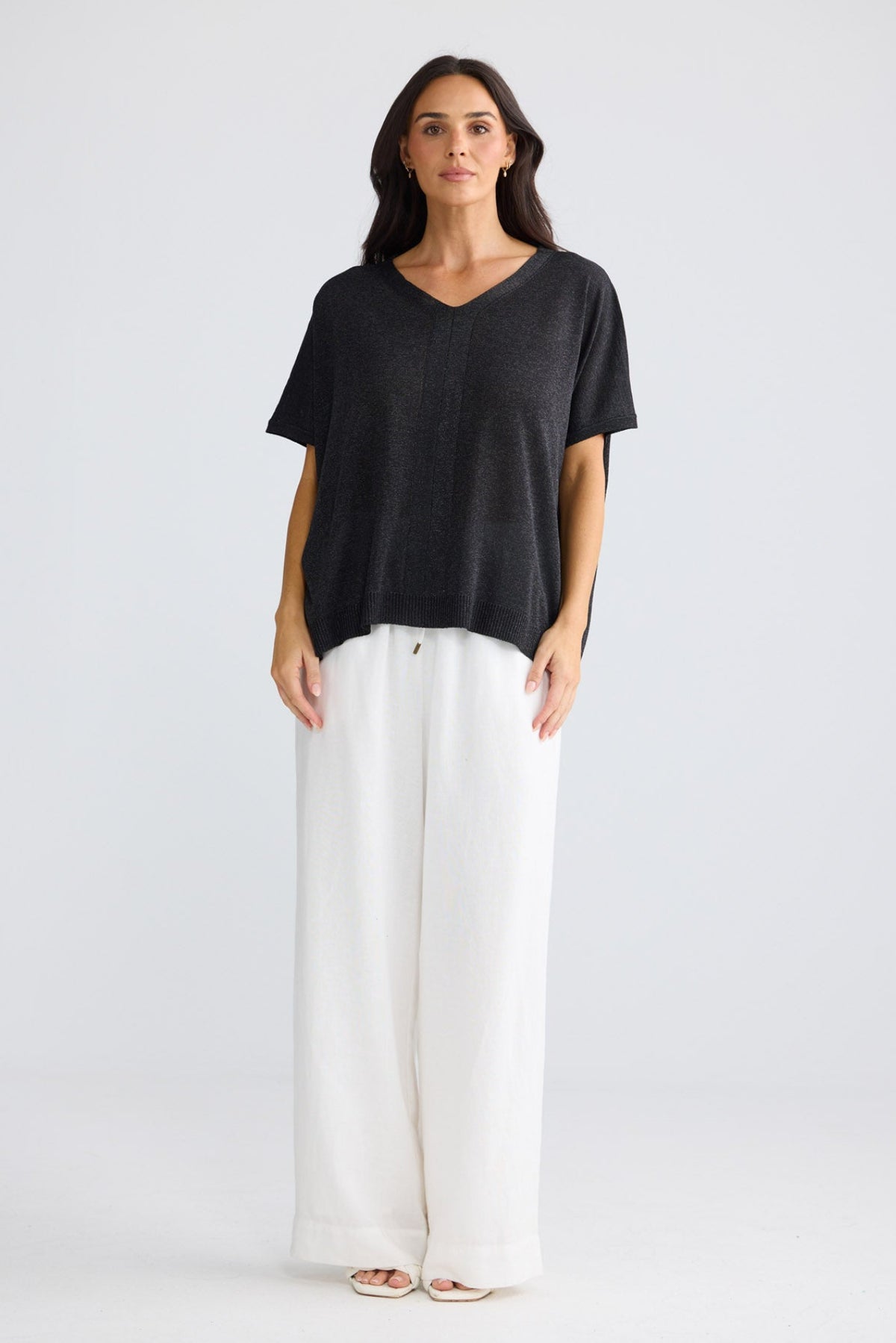Model wearing Jessamy Top in Black W Silver by Brave + True, view 2.